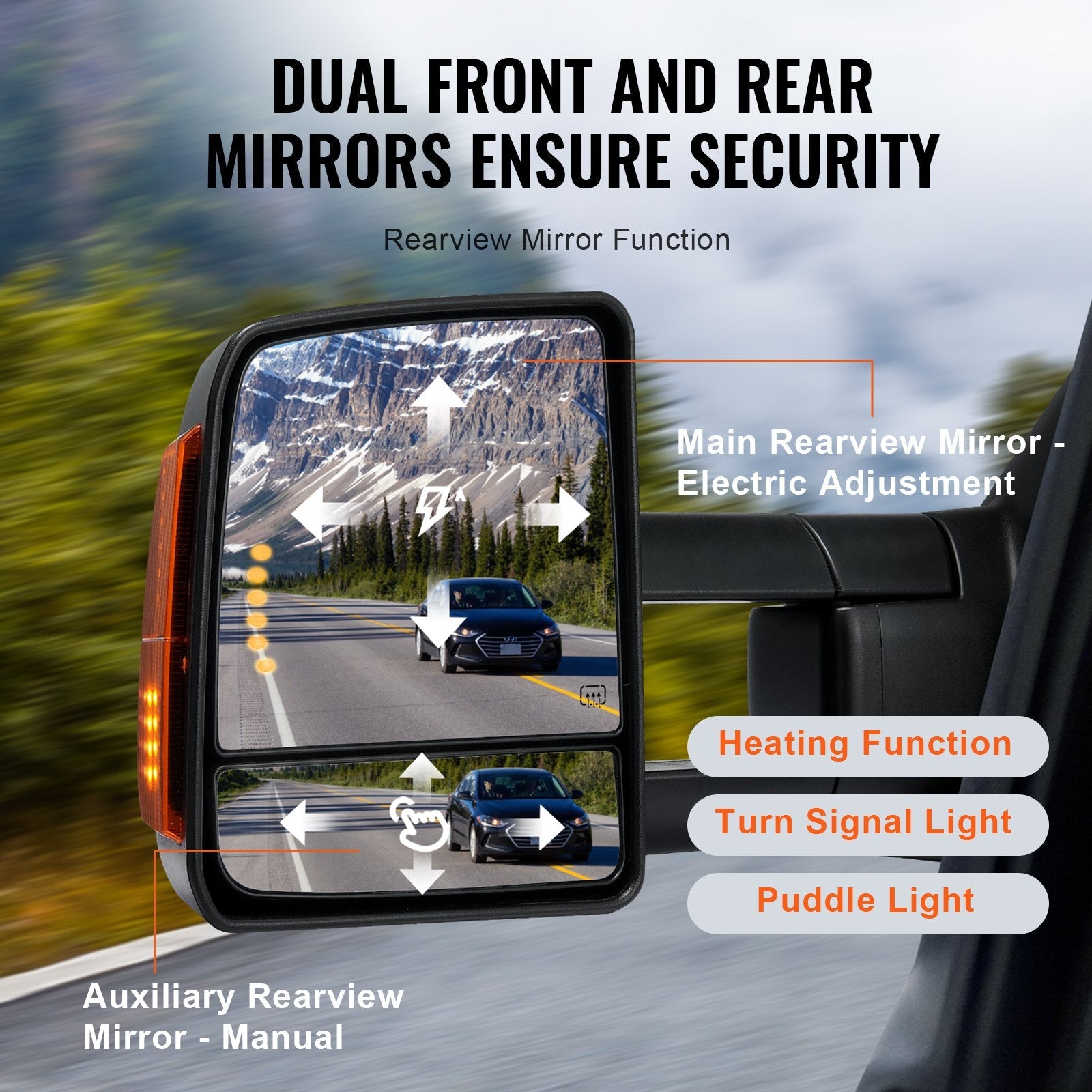 VEVOR Towing Mirrors, Left & Right Pair Set for 2007-2016 Toyota Tundra, Power Heated Tow Mirror with Signal Light, Plane & Convex Glass, Manual Controlling Telescoping Folding, Heating Defrost, Black 