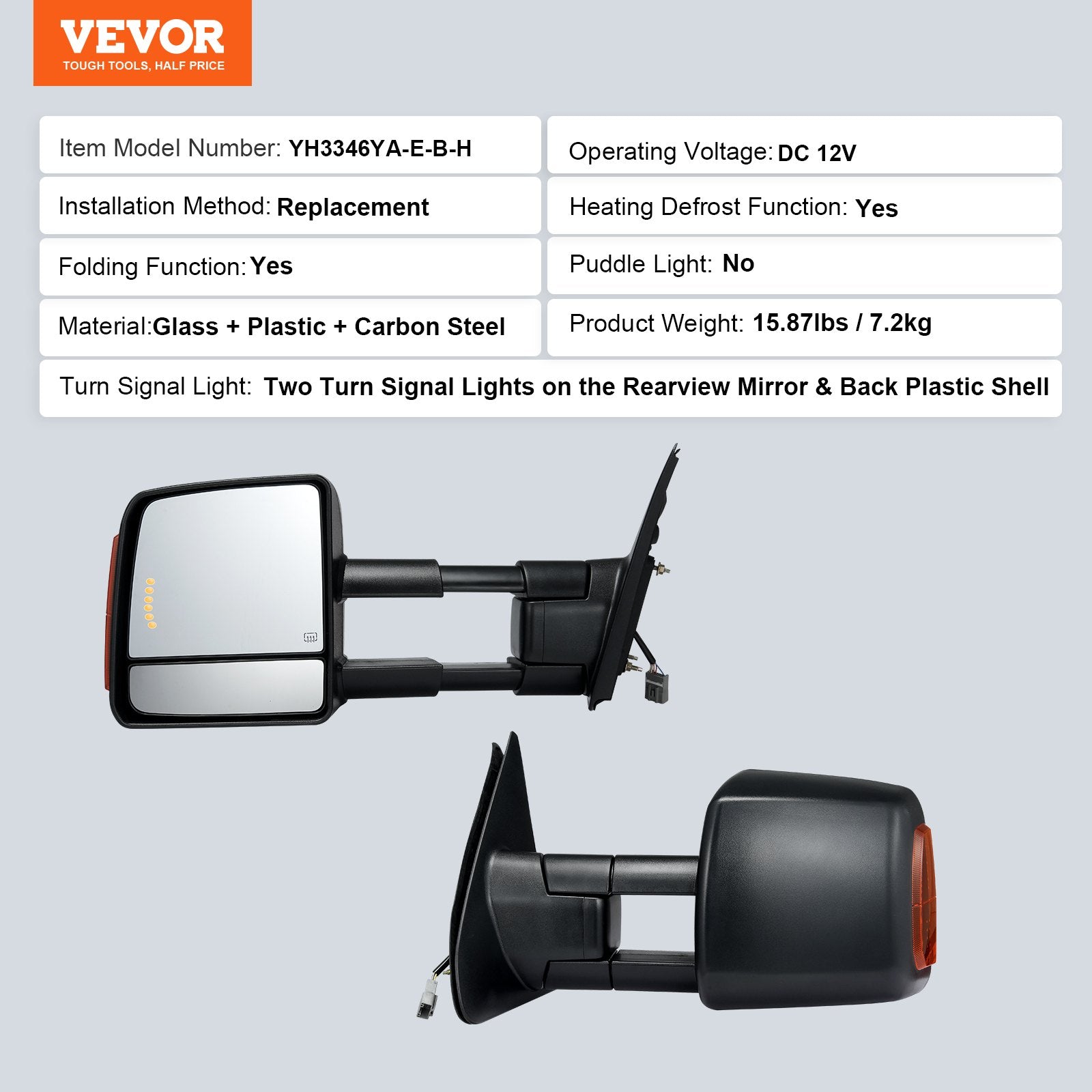 VEVOR Towing Mirrors, Left & Right Pair Set for 2007-2016 Toyota Tundra, Power Heated Tow Mirror with Signal Light, Plane & Convex Glass, Manual Controlling Telescoping Folding, Heating Defrost, Black 