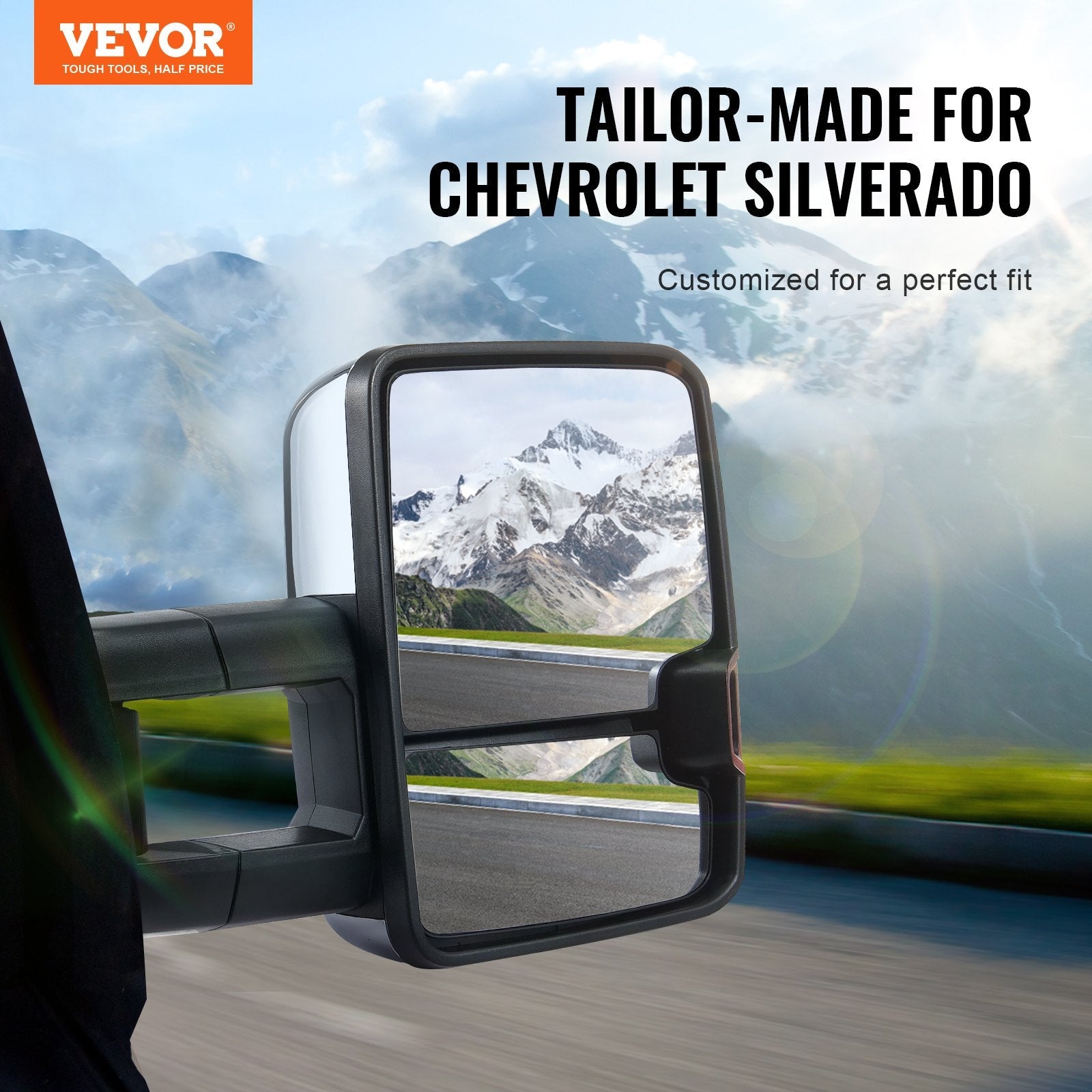 VEVOR Towing Mirrors, Left & Right Pair Set for Chevrolet Silverado (2007-2014)/GMC/Cadillac, Power Heated Tow Mirror with Signal Light, Manual Controlling Telescoping Folding, Heating Defrost, Silver 
