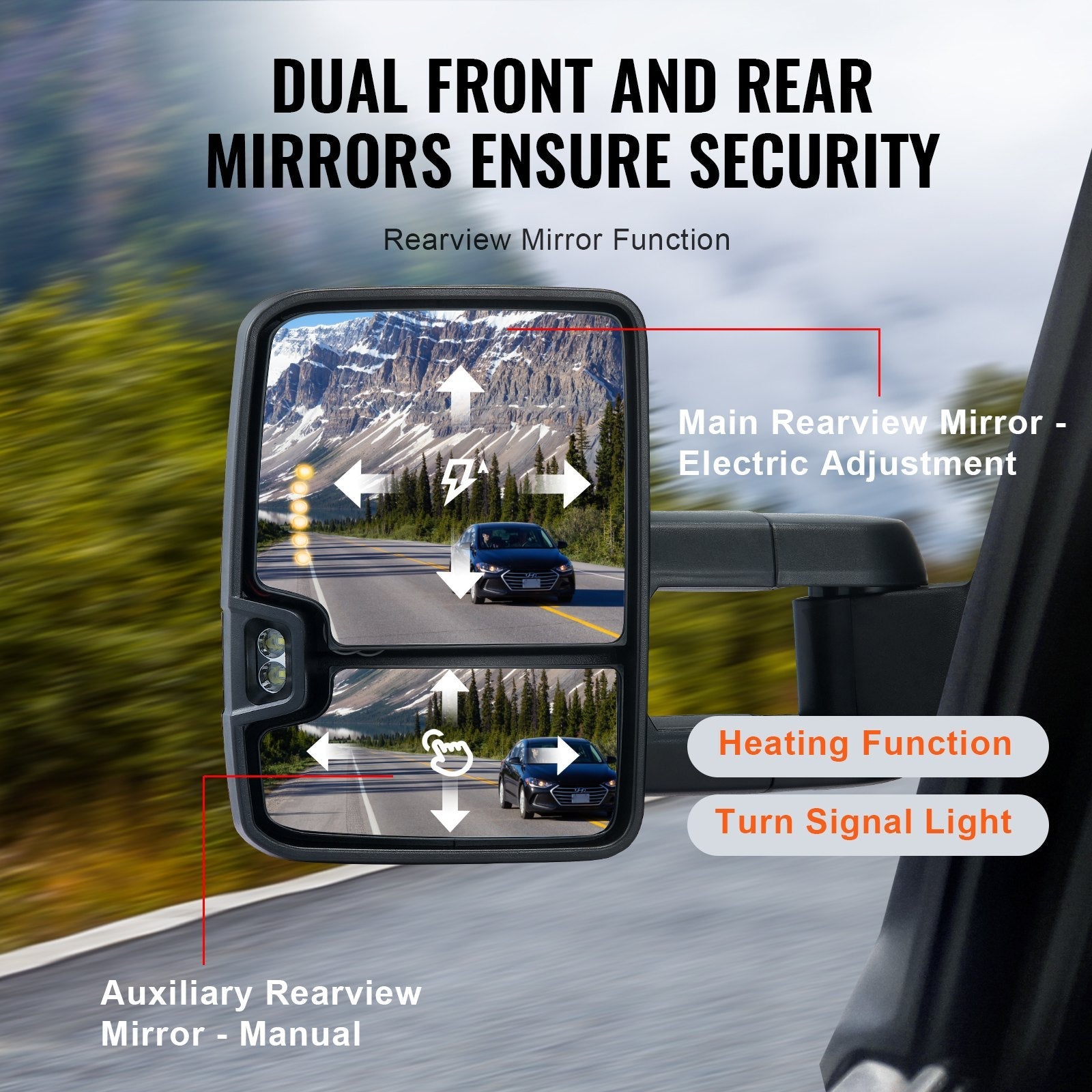VEVOR Towing Mirrors, Left & Right Pair Set for Chevrolet Silverado (2007-2014)/GMC/Cadillac, Power Heated Tow Mirror with Signal Light, Manual Controlling Telescoping Folding, Heating Defrost, Silver 