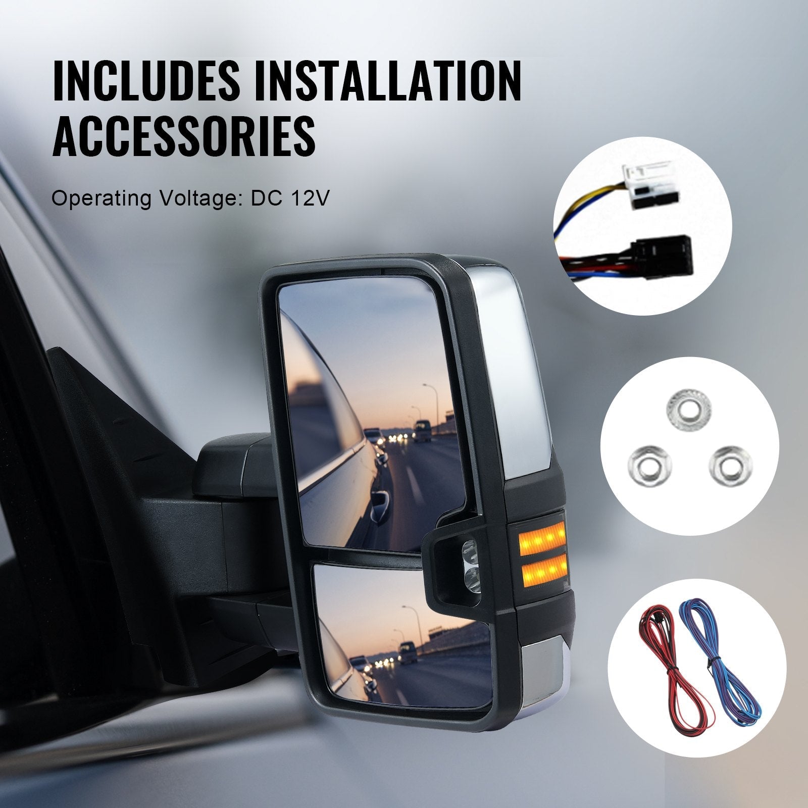 VEVOR Towing Mirrors, Left & Right Pair Set for Chevrolet Silverado (2007-2014)/GMC/Cadillac, Power Heated Tow Mirror with Signal Light, Manual Controlling Telescoping Folding, Heating Defrost, Silver 