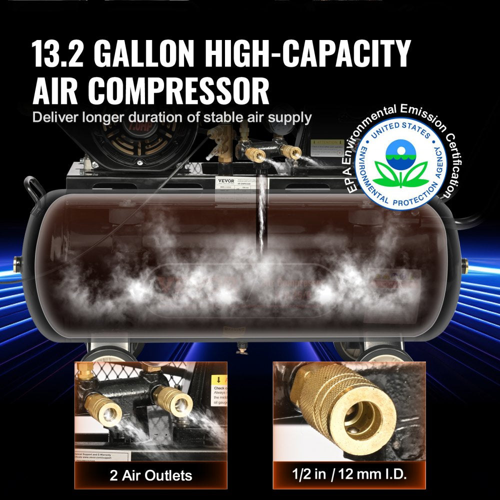 VEVOR 7HP Gas Powered Air Compressor, 13.2 Gallon Horizontal Air Compressor Tank, 9CFM@115PSI Gas Driven Piston Pump Air Compressed System with 115PSI Max Pressure for Construction Sites Workshop 