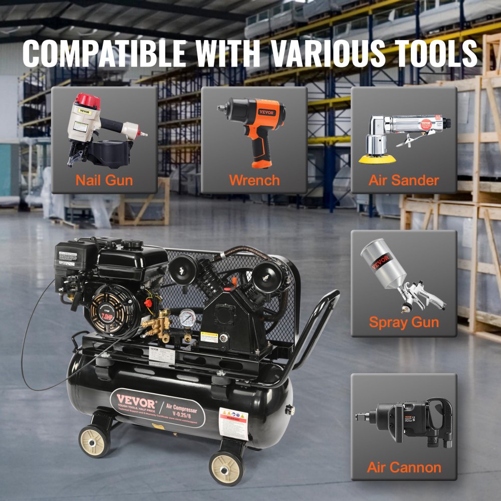 VEVOR 7HP Gas Powered Air Compressor, 13.2 Gallon Horizontal Air Compressor Tank, 9CFM@115PSI Gas Driven Piston Pump Air Compressed System with 115PSI Max Pressure for Construction Sites Workshop 