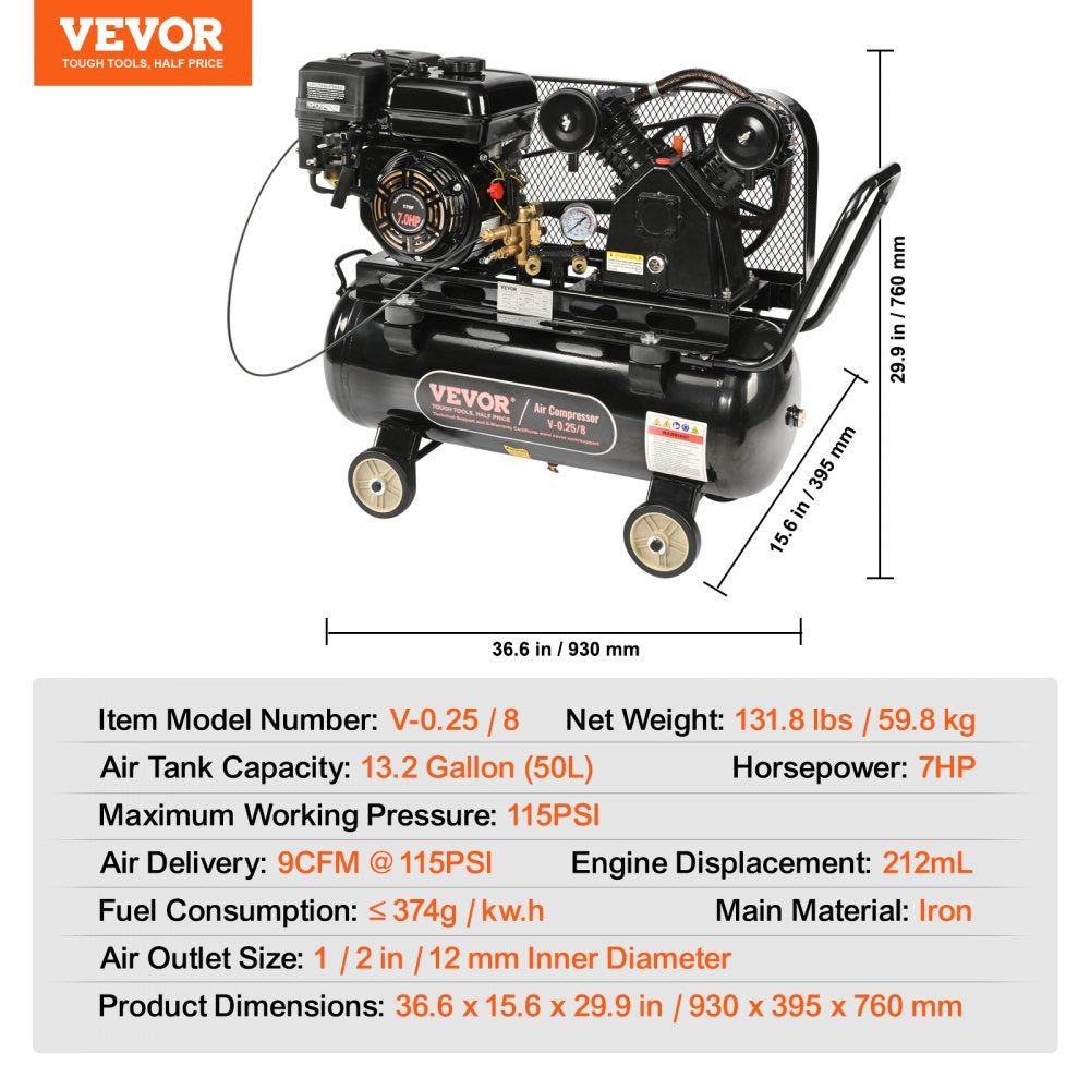 VEVOR 7HP Gas Powered Air Compressor, 13.2 Gallon Horizontal Air Compressor Tank, 9CFM@115PSI Gas Driven Piston Pump Air Compressed System with 115PSI Max Pressure for Construction Sites Workshop 