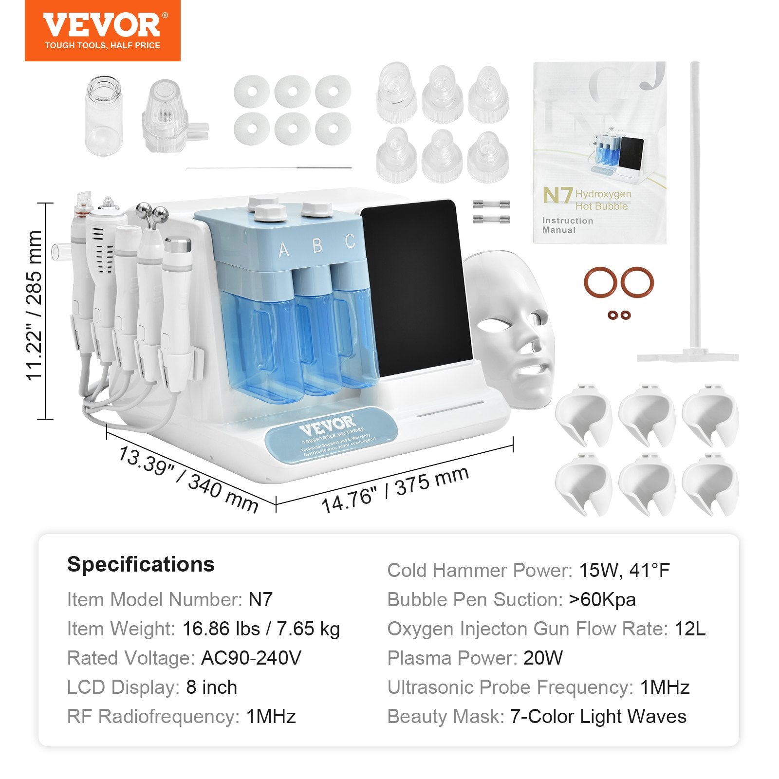 VEVOR 8 in 1 Hydrogen Oxygen Facial Machine, Professional Hydrafacial Machine for Spa, Hydro Facial Cleansing Rejuvenation Machine with 8 in LCD Screen, Microcurrent Probe, Bipolar RF Radiofrequency 