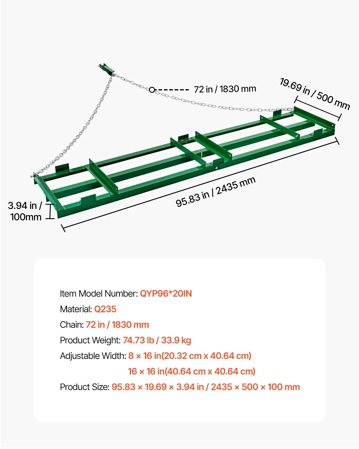 VEVOR Drag Harrow 8 ft Heavy Duty Tow Behind Drag Harrow Driveway Grader Rake