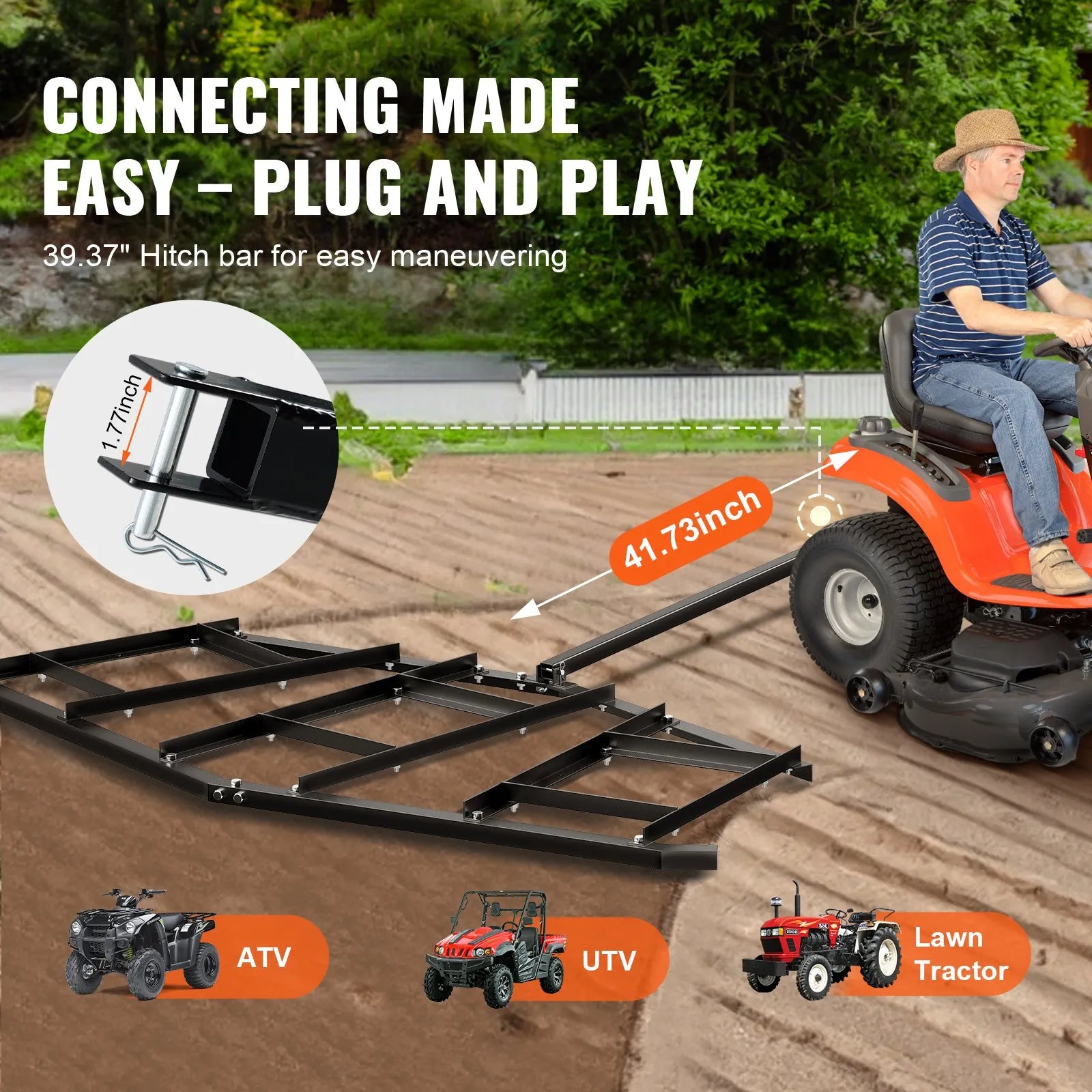 VEVOR Driveway Drag, 81.49" Width Tow Behind Drag Harrow, Q235 Steel Driveway Grader with Adjustable Bars, Support up to 50 lbs, Driveway Tractor Harrow for ATVs, UTVs, Garden Lawn Tractors