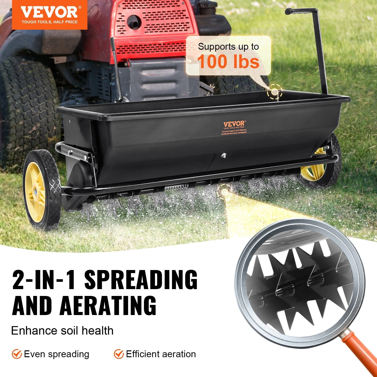 VEVOR Broadcast Spreader, 100 LB Tow Behind Poly Drop Spreader with 10" Wheels, Steel Spike Aerator, Fertilizer Spreader, Garden Seeder, and Salt Spreader, for Residential, Farm, Tough Terrain, Black 