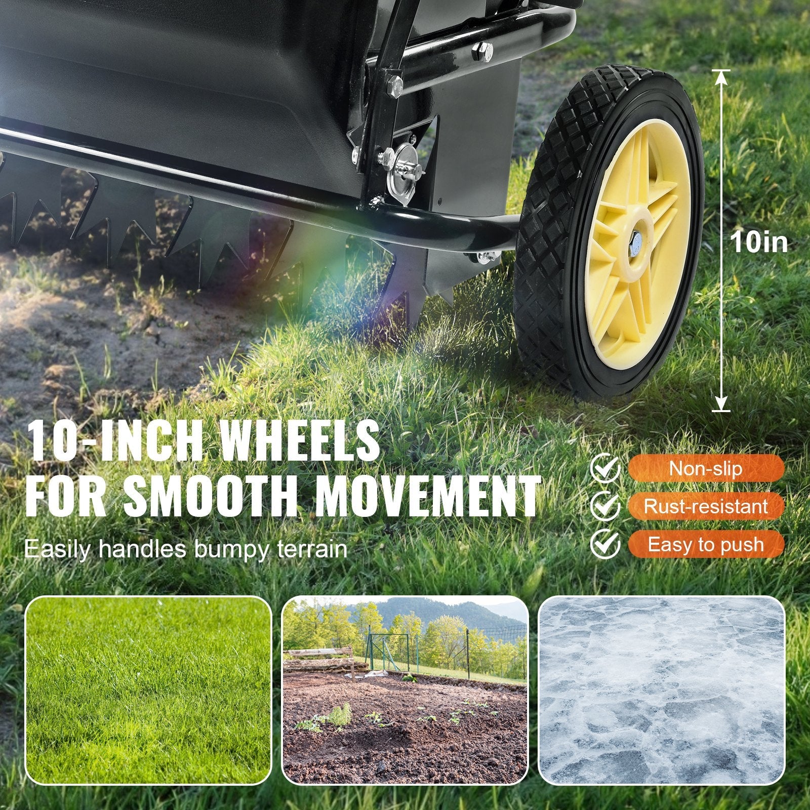 VEVOR Broadcast Spreader, 100 LB Tow Behind Poly Drop Spreader with 10" Wheels, Steel Spike Aerator, Fertilizer Spreader, Garden Seeder, and Salt Spreader, for Residential, Farm, Tough Terrain, Black 