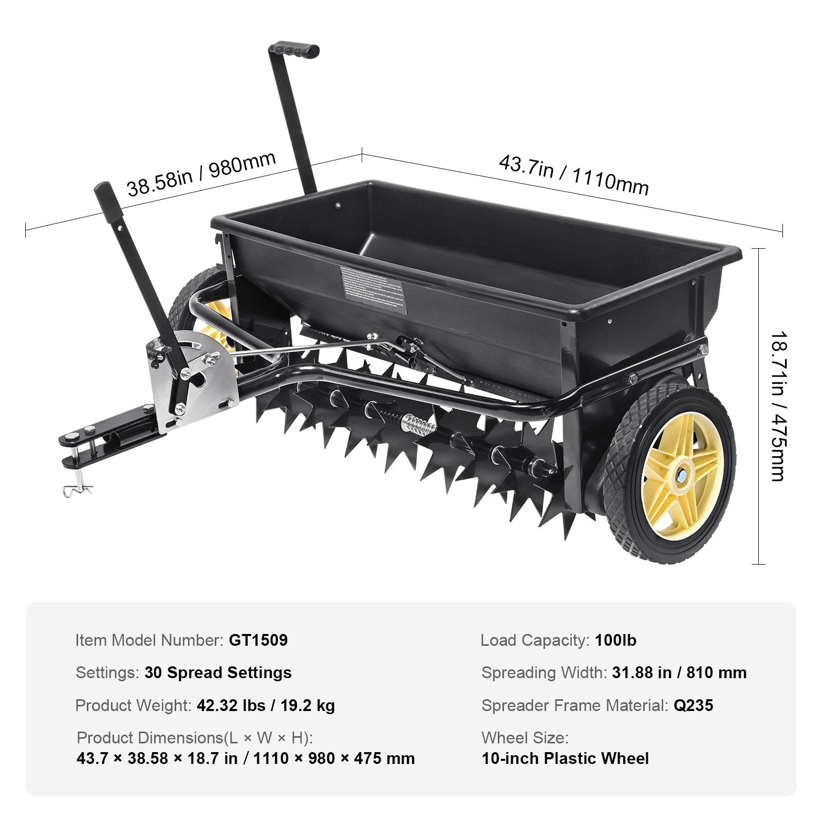 VEVOR Broadcast Spreader, 100 LB Tow Behind Poly Drop Spreader with 10" Wheels, Steel Spike Aerator, Fertilizer Spreader, Garden Seeder, and Salt Spreader, for Residential, Farm, Tough Terrain, Black 