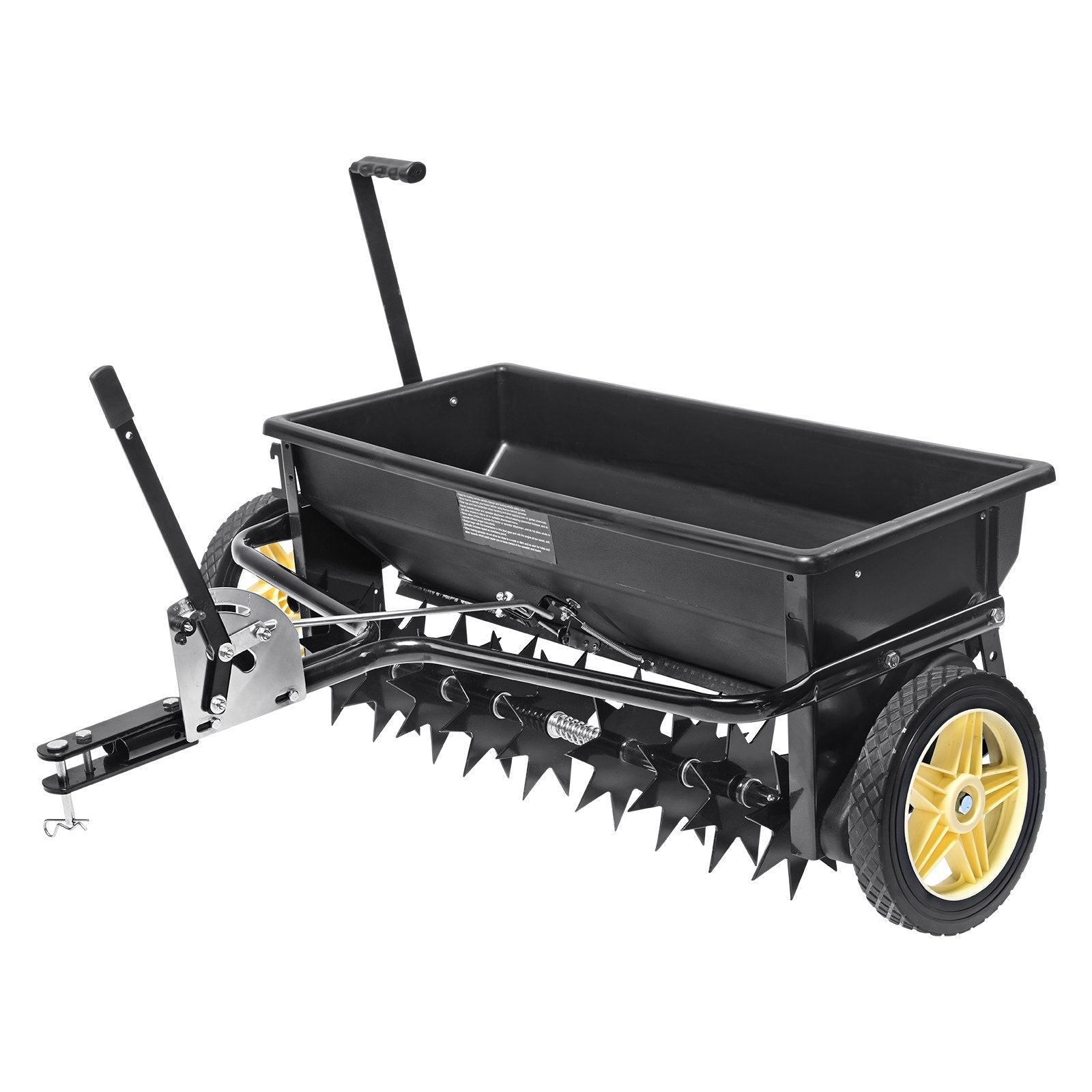 VEVOR Broadcast Spreader, 100 LB Tow Behind Poly Drop Spreader with 10" Wheels, Steel Spike Aerator, Fertilizer Spreader, Garden Seeder, and Salt Spreader, for Residential, Farm, Tough Terrain, Black 