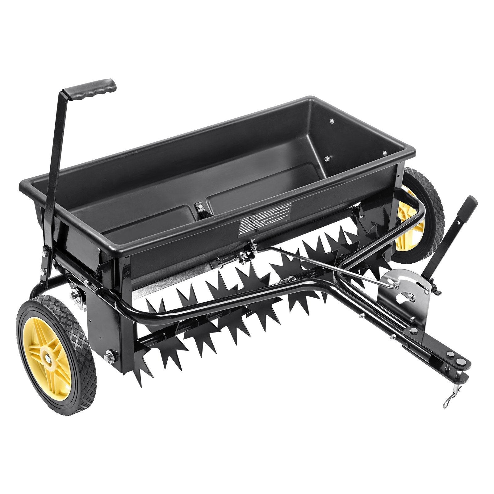VEVOR Broadcast Spreader, 100 LB Tow Behind Poly Drop Spreader with 10" Wheels, Steel Spike Aerator, Fertilizer Spreader, Garden Seeder, and Salt Spreader, for Residential, Farm, Tough Terrain, Black 