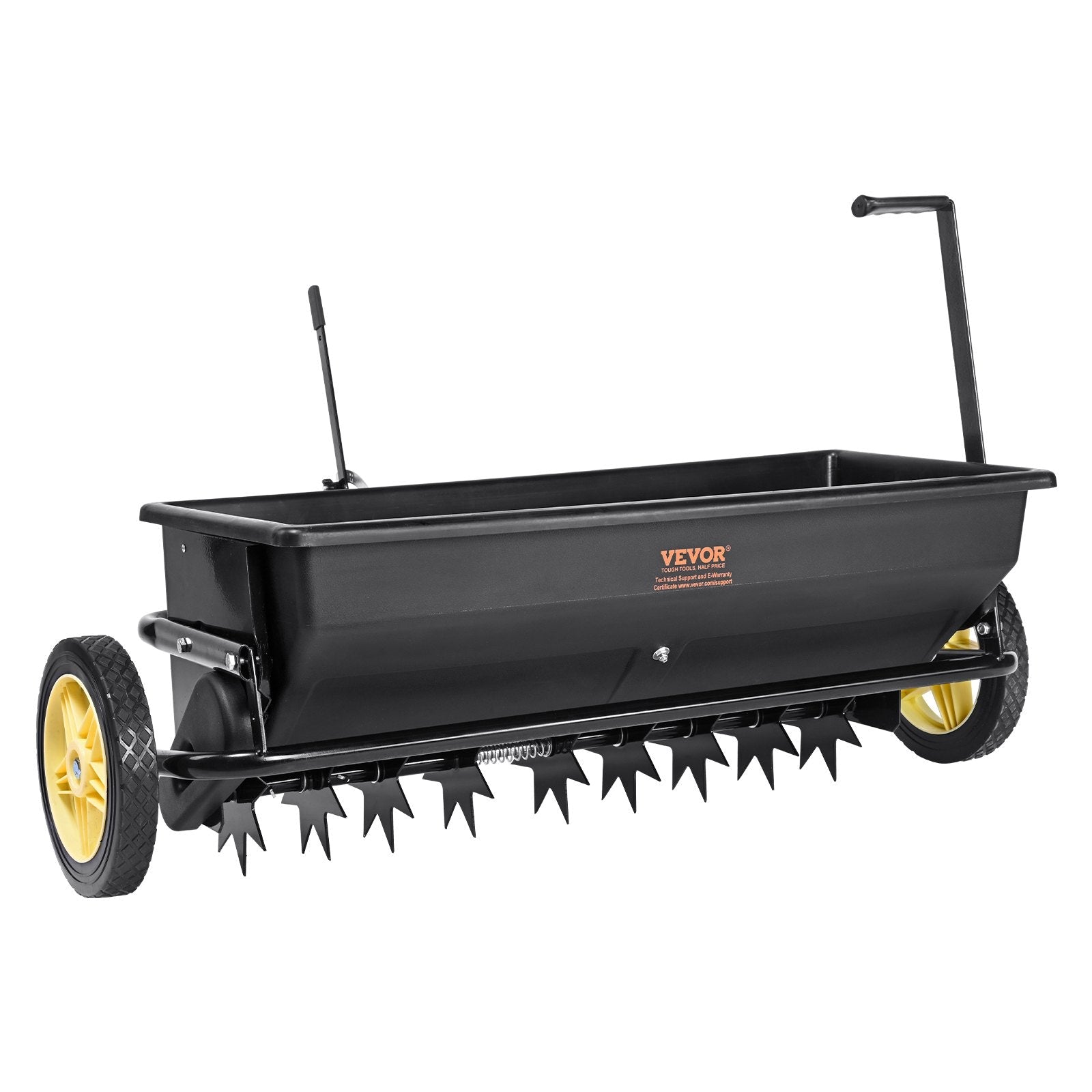 VEVOR Broadcast Spreader, 100 LB Tow Behind Poly Drop Spreader with 10" Wheels, Steel Spike Aerator, Fertilizer Spreader, Garden Seeder, and Salt Spreader, for Residential, Farm, Tough Terrain, Black 