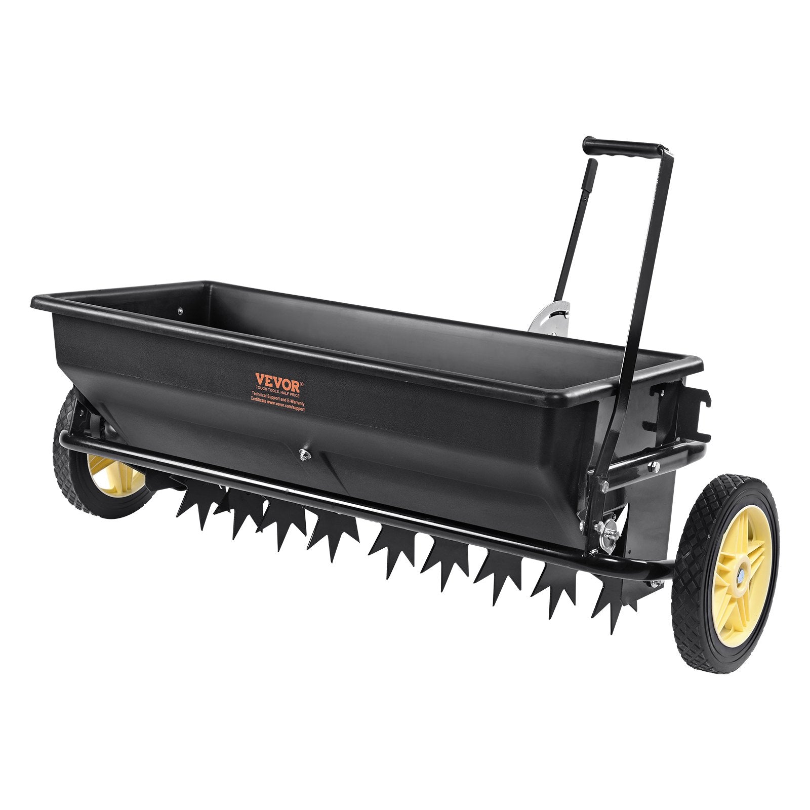 VEVOR Broadcast Spreader, 100 LB Tow Behind Poly Drop Spreader with 10" Wheels, Steel Spike Aerator, Fertilizer Spreader, Garden Seeder, and Salt Spreader, for Residential, Farm, Tough Terrain, Black 