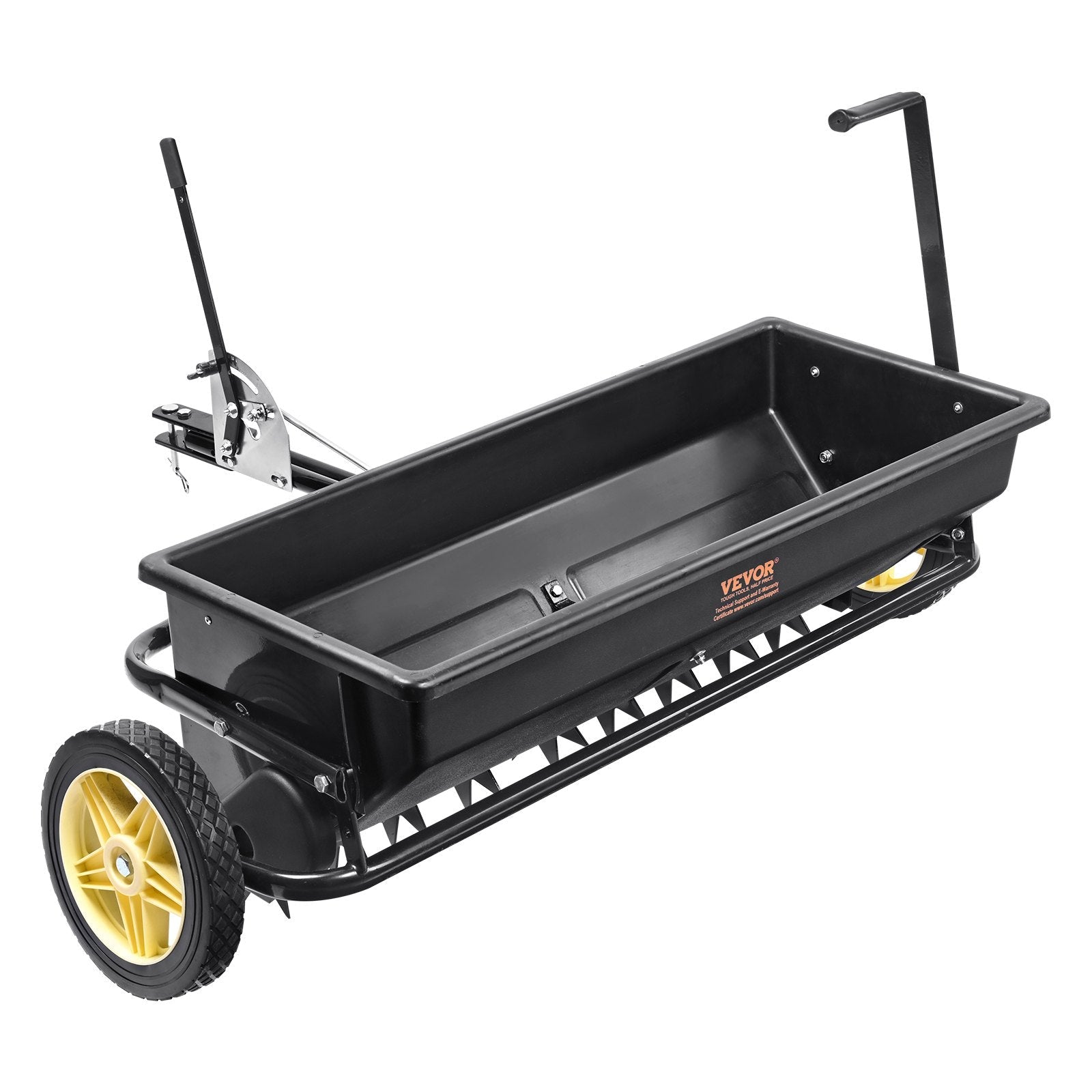 VEVOR Broadcast Spreader, 100 LB Tow Behind Poly Drop Spreader with 10" Wheels, Steel Spike Aerator, Fertilizer Spreader, Garden Seeder, and Salt Spreader, for Residential, Farm, Tough Terrain, Black 