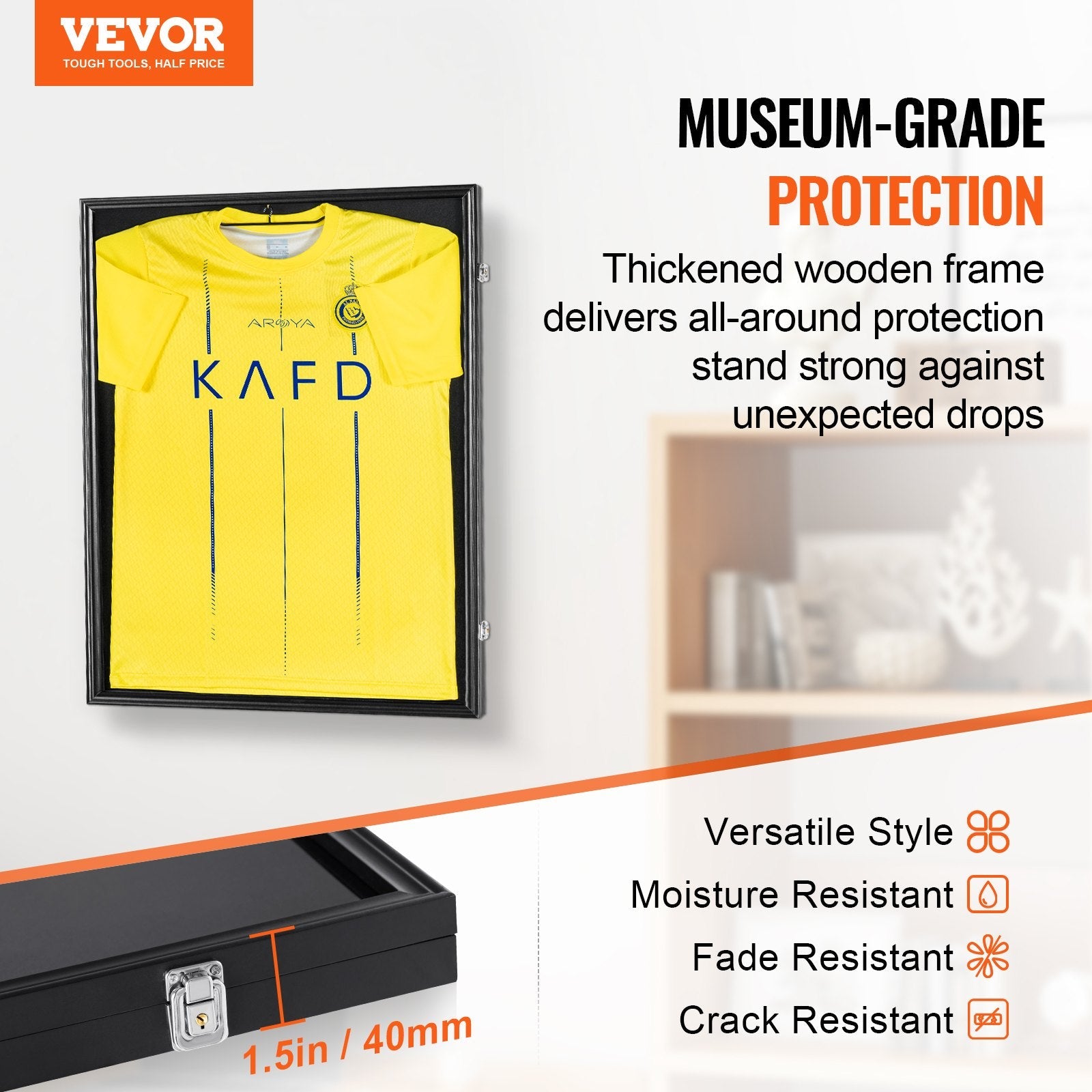 VEVOR Jersey Display Frame Case, 23.3 x 31.2 x 1.5 in, Large Lockable Sport Jersey Shadow Box with 98% UV Protection PC Glass and Hangers, for Baseball Basketball Football Hockey Shirt and Uniform 