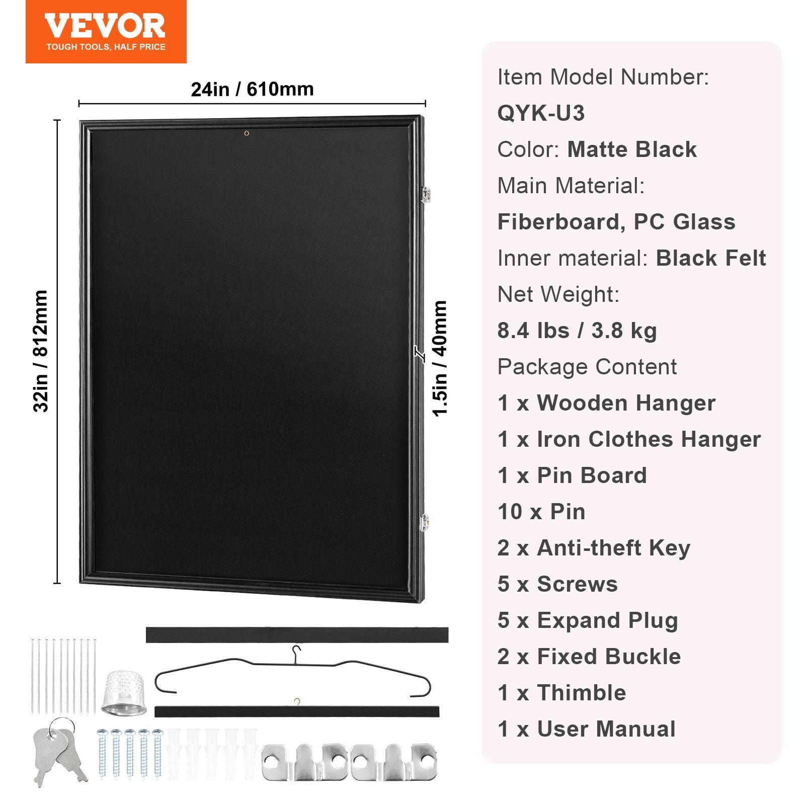 VEVOR Jersey Display Frame Case, 24 x 32 x 1.5 in, Large Lockable Sport Jersey Shadow Box with 98% UV Protection PC Glass and Hangers, for Baseball Basketball Football Hockey Shirt and Uniform, Black 