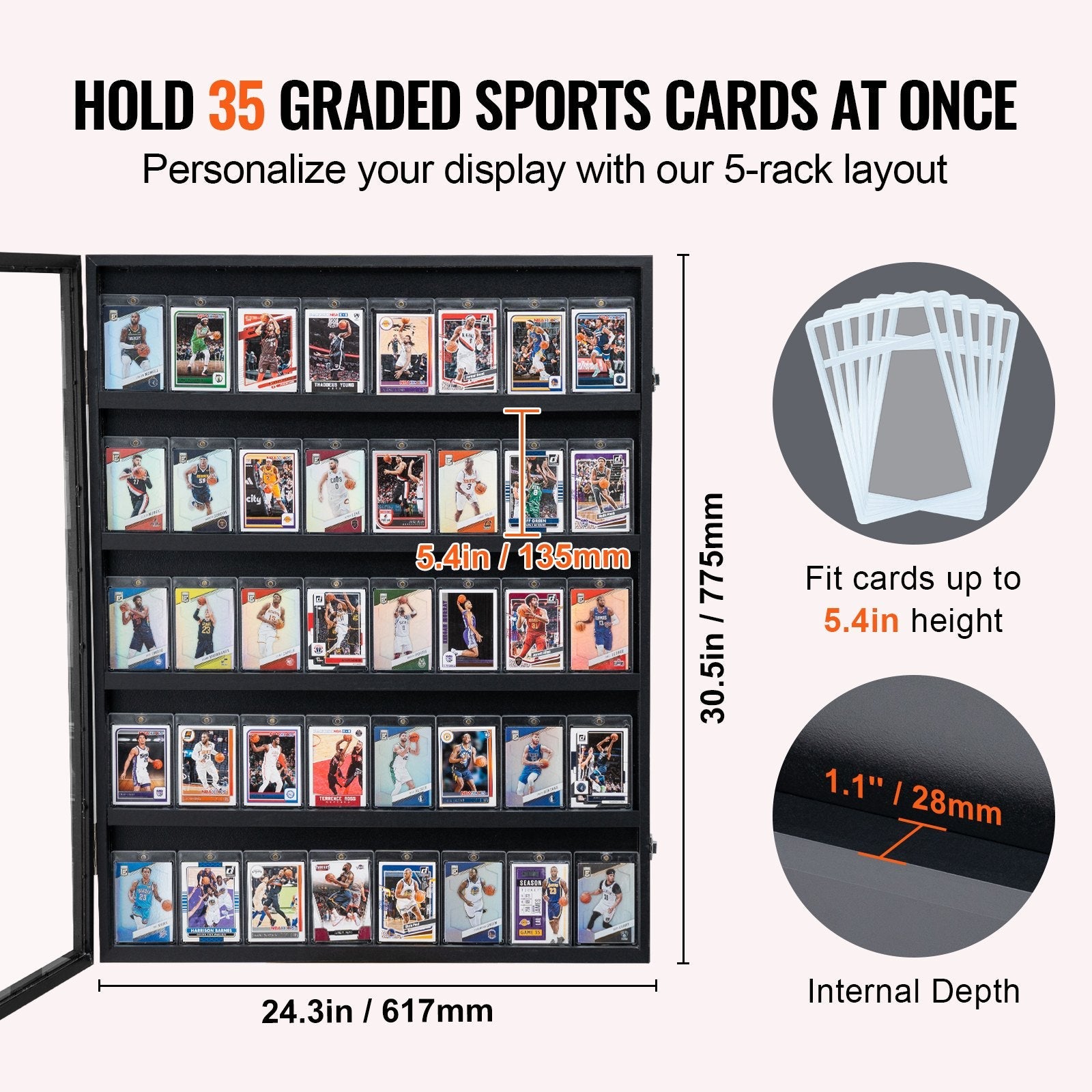 VEVOR 35 Graded Sports Card Display Case, 24.3x30.5x2.1 in, Baseball Card Display Frame with 98% UV Protection Clear View PC Glass, Lockable Wall Cabinet for Football Basketball Hockey Trading Card 