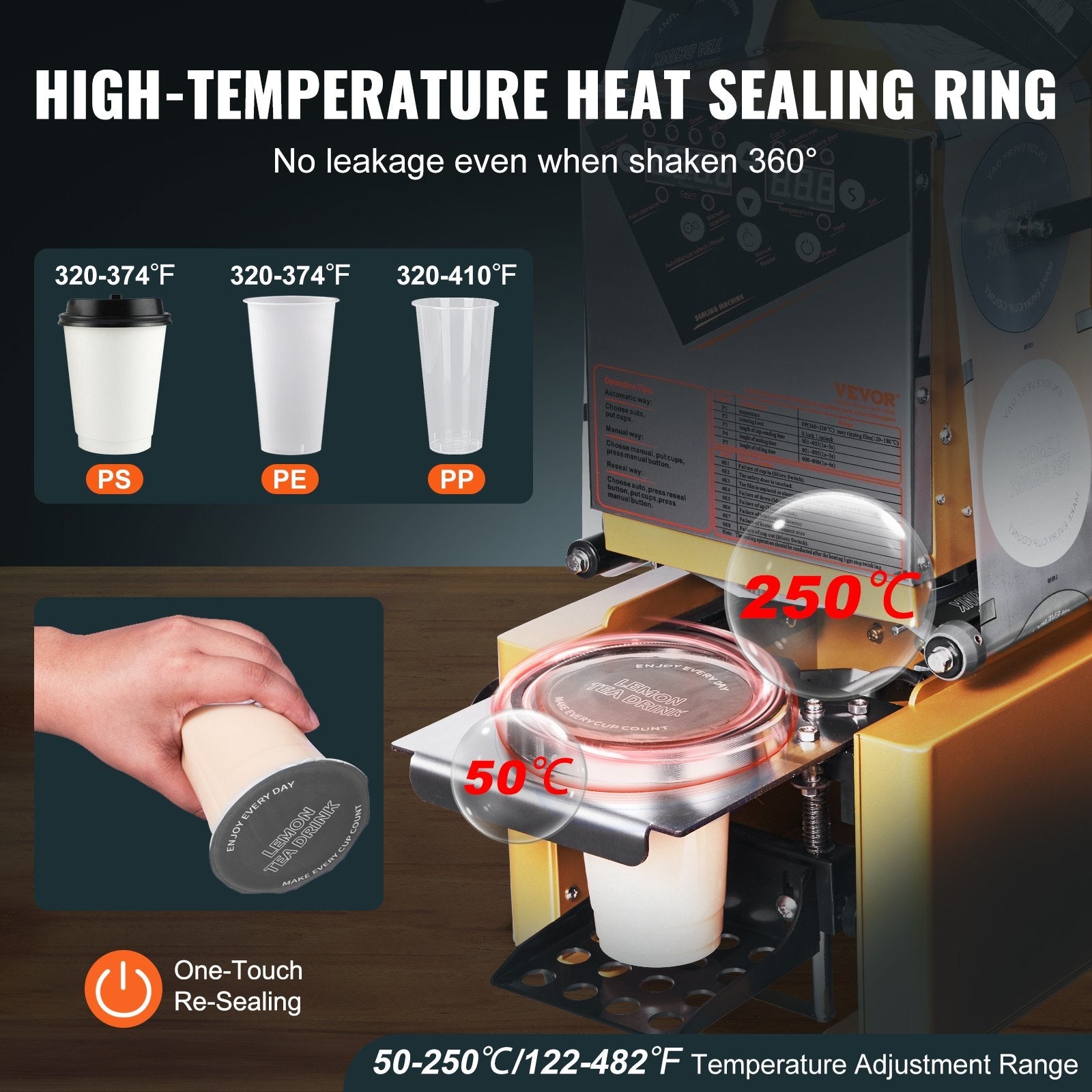 VEVOR Fully Automatic Cup Sealing Machine, 500-650 Cups/H, Cup Sealer Machine for 190 mm Tall & 90/95 mm Cup, Electric Boba Tea Sealer with Digital Control LCD Panel for Bubble Milk Tea Coffee, Gold 