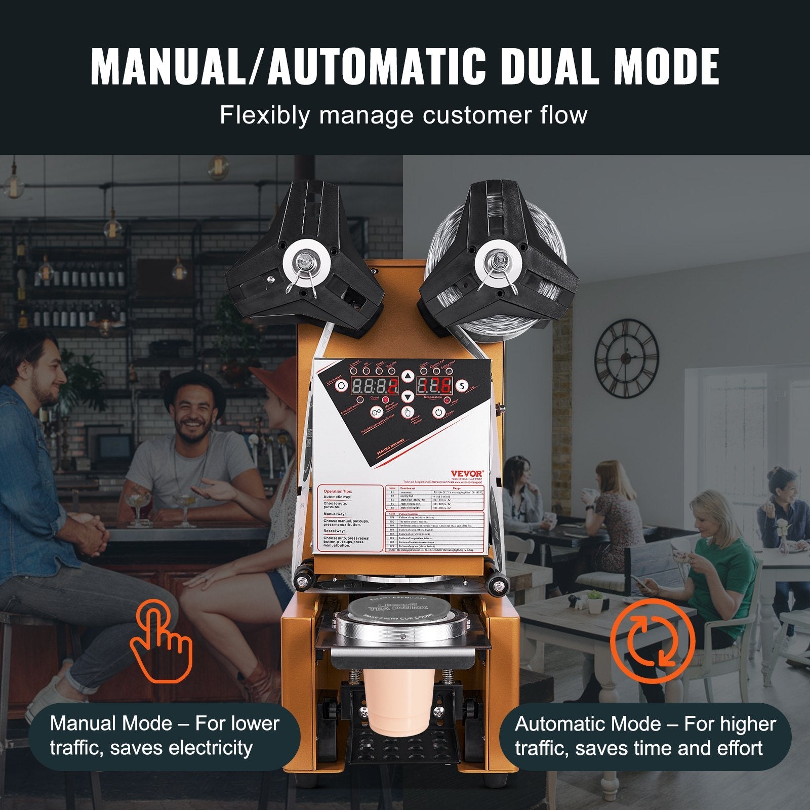 VEVOR Fully Automatic Cup Sealing Machine, 500-650 Cups/H, Cup Sealer Machine for 190 mm Tall & 90/95 mm Cup, Electric Boba Tea Sealer with Digital Control LCD Panel for Bubble Milk Tea Coffee, Gold 