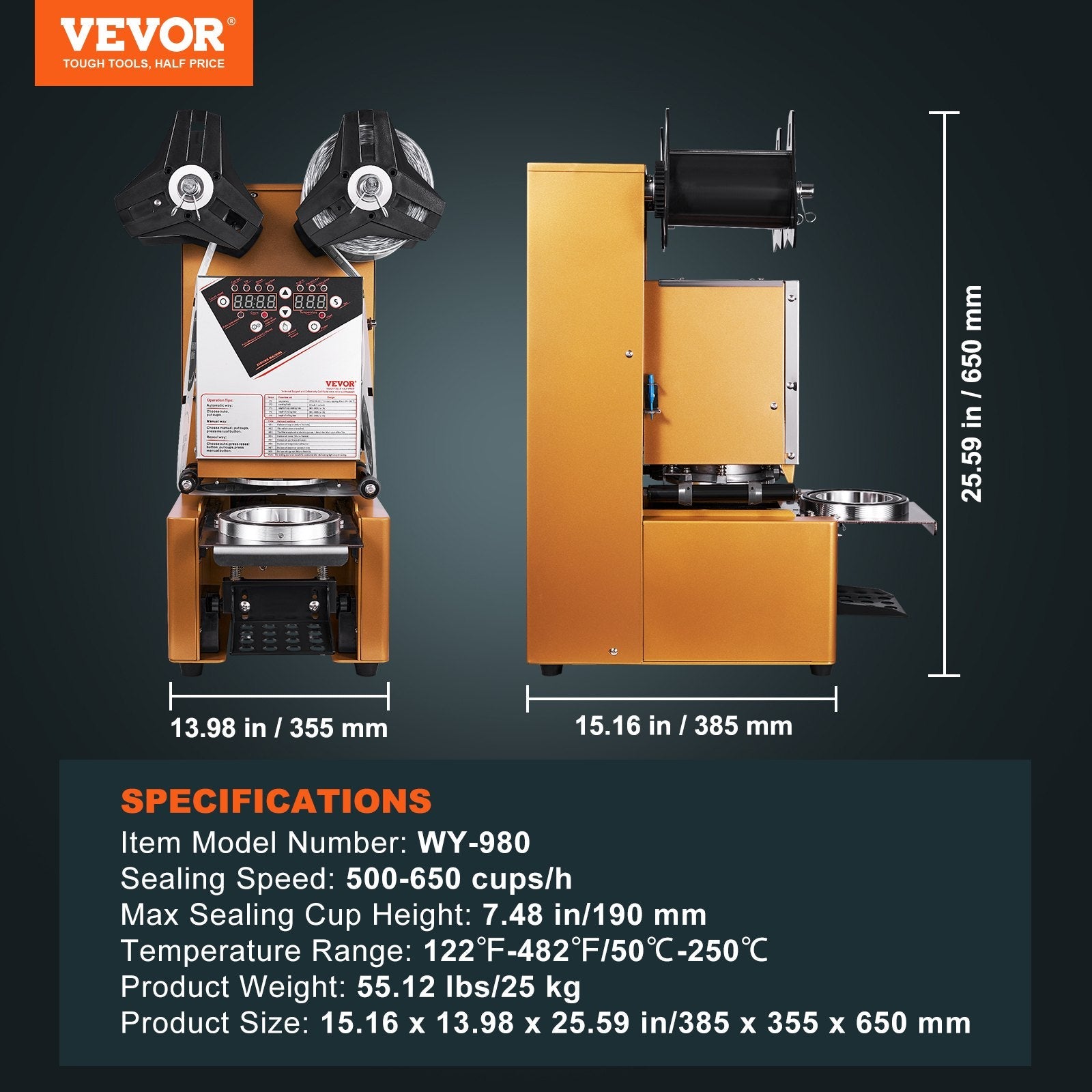 VEVOR Fully Automatic Cup Sealing Machine, 500-650 Cups/H, Cup Sealer Machine for 190 mm Tall & 90/95 mm Cup, Electric Boba Tea Sealer with Digital Control LCD Panel for Bubble Milk Tea Coffee, Gold 