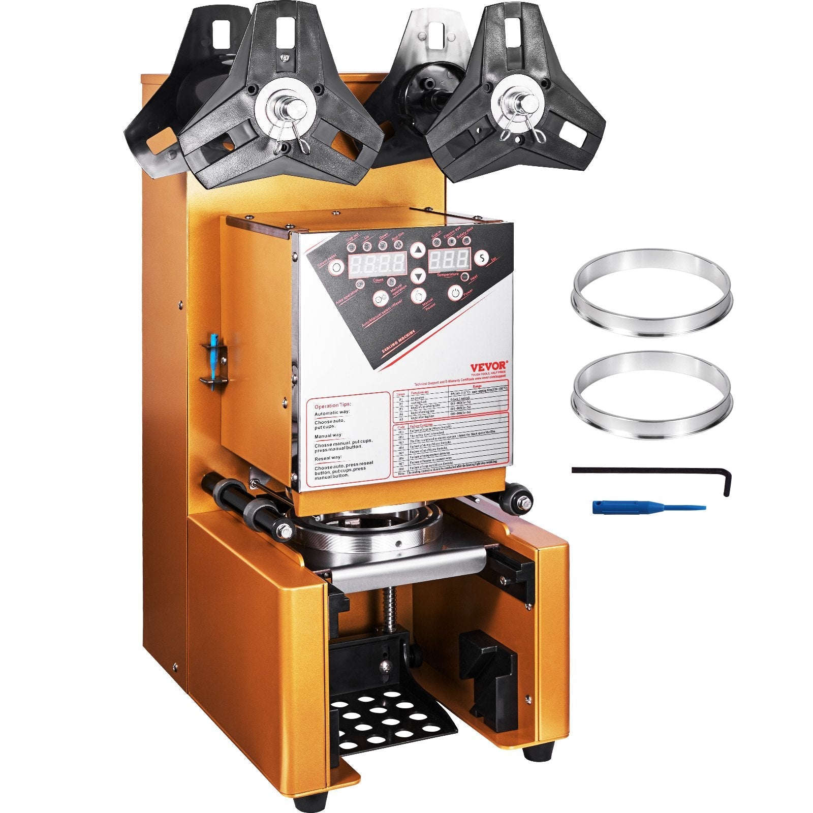 VEVOR Fully Automatic Cup Sealing Machine, 500-650 Cups/H, Cup Sealer Machine for 190 mm Tall & 90/95 mm Cup, Electric Boba Tea Sealer with Digital Control LCD Panel for Bubble Milk Tea Coffee, Gold 