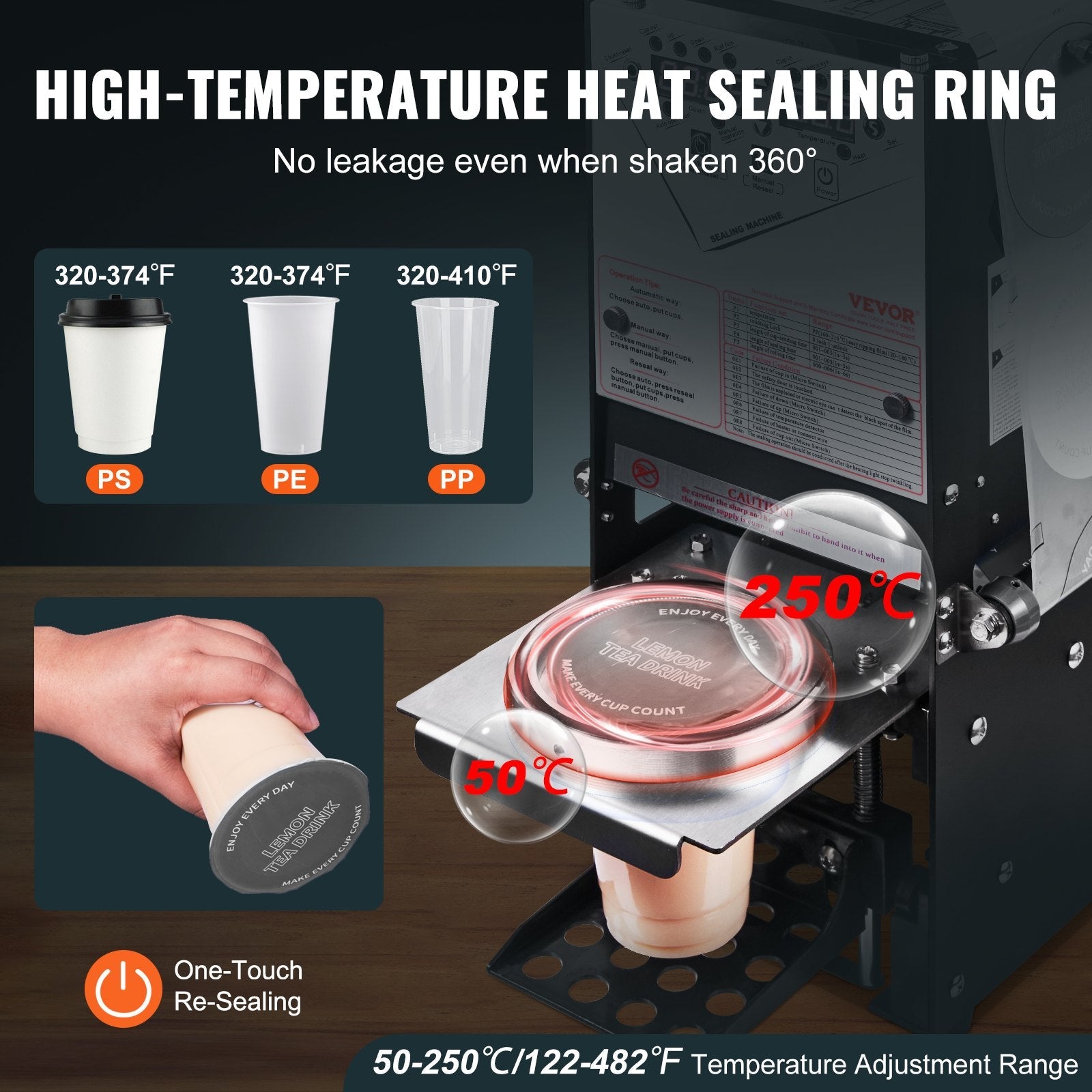 VEVOR Fully Automatic Cup Sealing Machine, 500-650 Cups/H, Cup Sealer Machine for 180 mm Tall & 90/95 mm Cup, Electric Boba Tea Sealer with Digital Control LCD Panel for Bubble Milk Tea Coffee, Black 