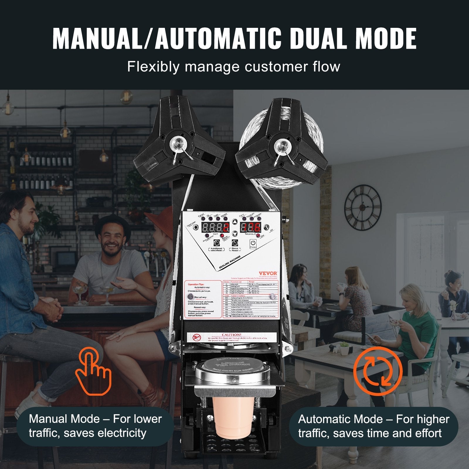 VEVOR Fully Automatic Cup Sealing Machine, 500-650 Cups/H, Cup Sealer Machine for 180 mm Tall & 90/95 mm Cup, Electric Boba Tea Sealer with Digital Control LCD Panel for Bubble Milk Tea Coffee, Black 