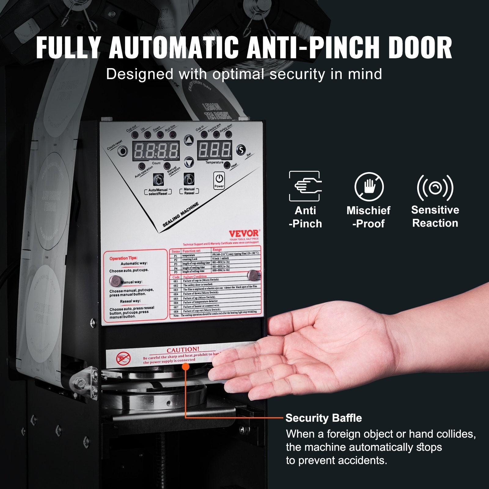 VEVOR Fully Automatic Cup Sealing Machine, 500-650 Cups/H, Cup Sealer Machine for 180 mm Tall & 90/95 mm Cup, Electric Boba Tea Sealer with Digital Control LCD Panel for Bubble Milk Tea Coffee, Black 