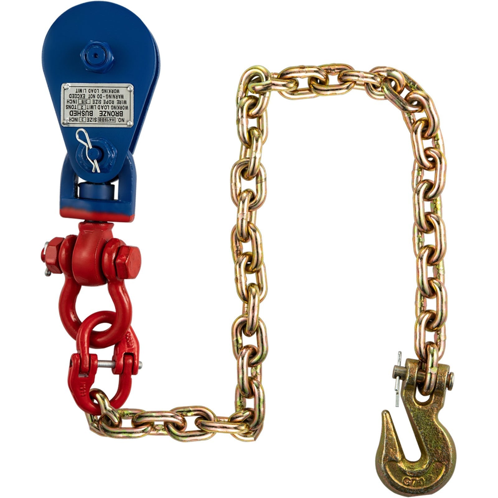 VEVOR 2ton Snatch Block with Chain, 4400 lbs Capacity Snatch Rigging Block, 3\'\' Single Sheave Block w/Swivel Hook, G70 Chain, Fit 3/8\'\' Wire Cable Heavy Duty for Pulling Wrecker Roll Back Recovery 