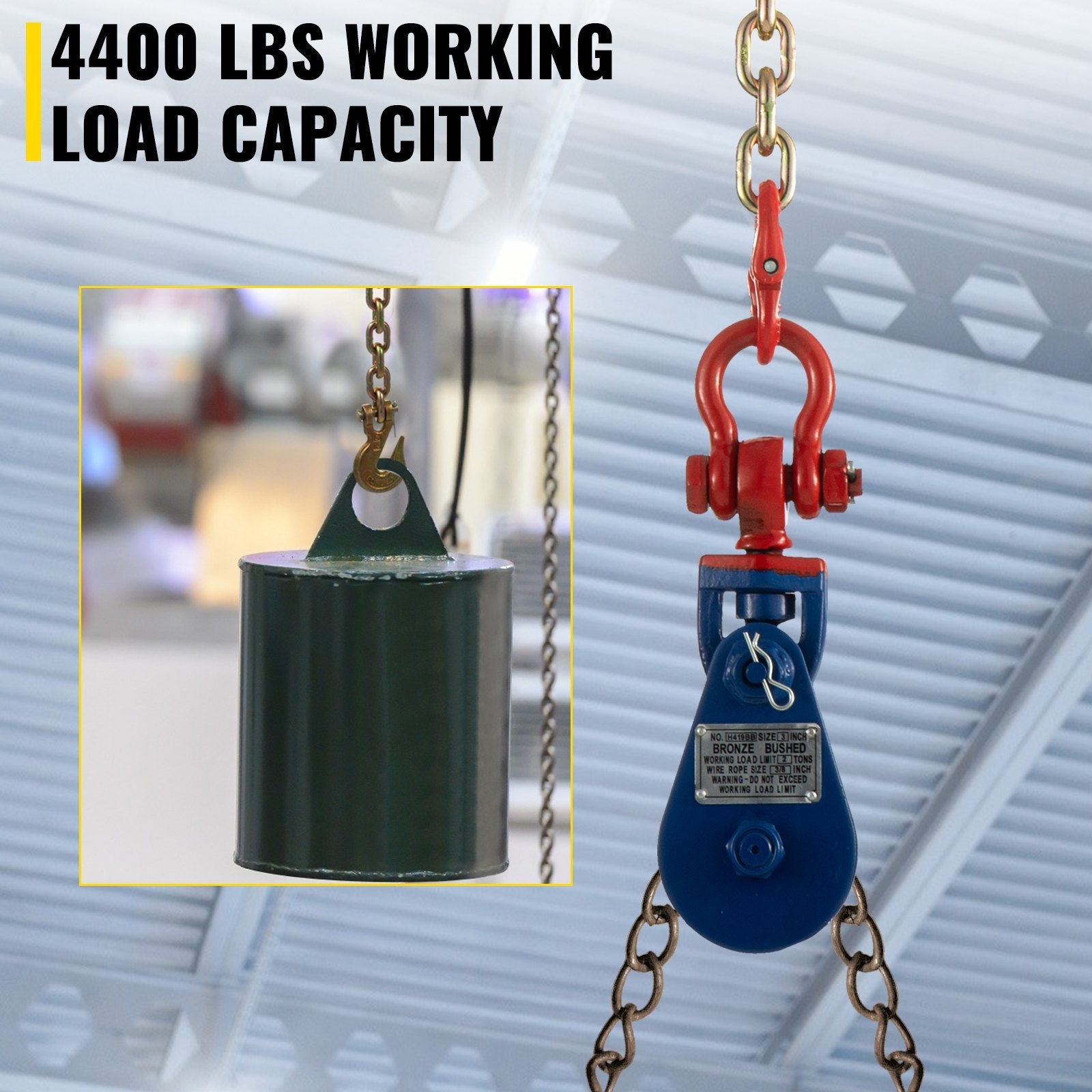VEVOR 2ton Snatch Block with Chain, 4400 lbs Capacity Snatch Rigging Block, 3\'\' Single Sheave Block w/Swivel Hook, G70 Chain, Fit 3/8\'\' Wire Cable Heavy Duty for Pulling Wrecker Roll Back Recovery 