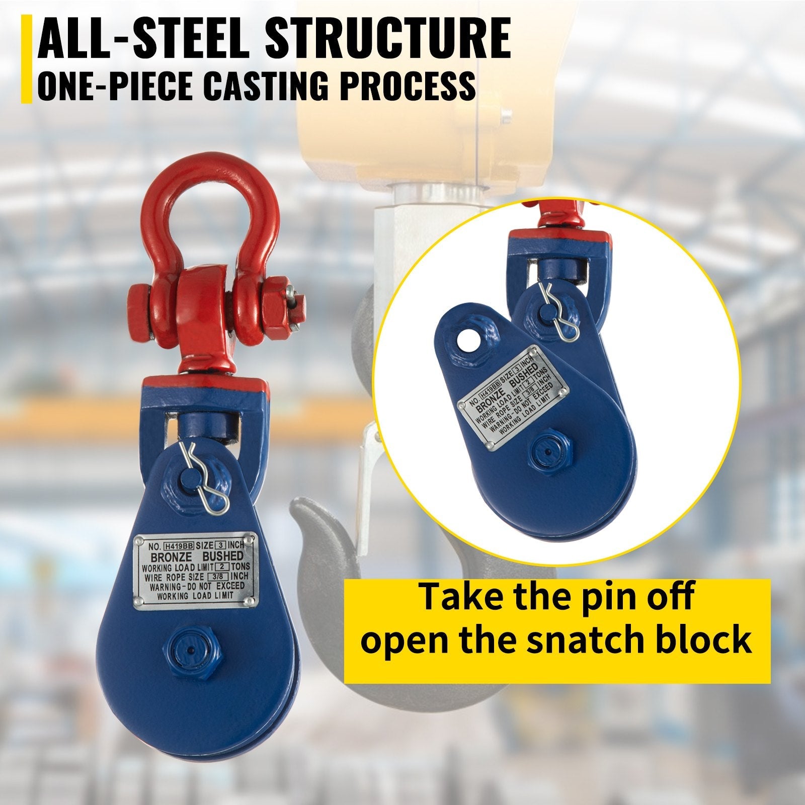 VEVOR 2ton Snatch Block with Chain, 4400 lbs Capacity Snatch Rigging Block, 3\'\' Single Sheave Block w/Swivel Hook, G70 Chain, Fit 3/8\'\' Wire Cable Heavy Duty for Pulling Wrecker Roll Back Recovery 
