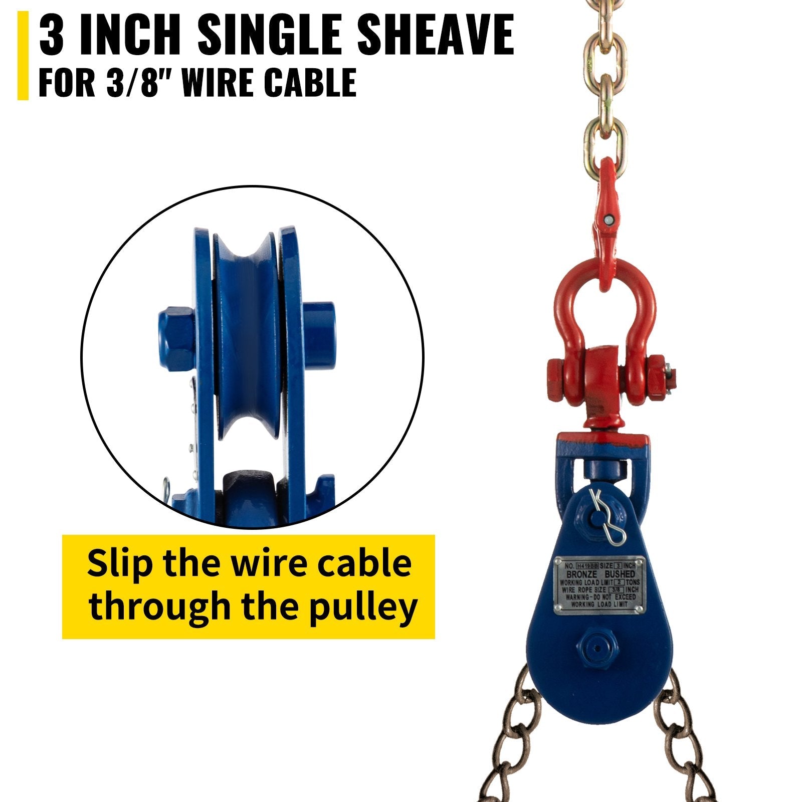 VEVOR 2ton Snatch Block with Chain, 4400 lbs Capacity Snatch Rigging Block, 3\'\' Single Sheave Block w/Swivel Hook, G70 Chain, Fit 3/8\'\' Wire Cable Heavy Duty for Pulling Wrecker Roll Back Recovery 