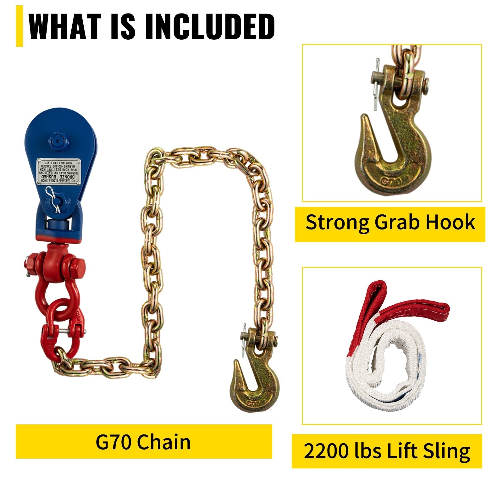 VEVOR 2ton Snatch Block with Chain, 4400 lbs Capacity Snatch Rigging Block, 3\'\' Single Sheave Block w/Swivel Hook, G70 Chain, Fit 3/8\'\' Wire Cable Heavy Duty for Pulling Wrecker Roll Back Recovery 