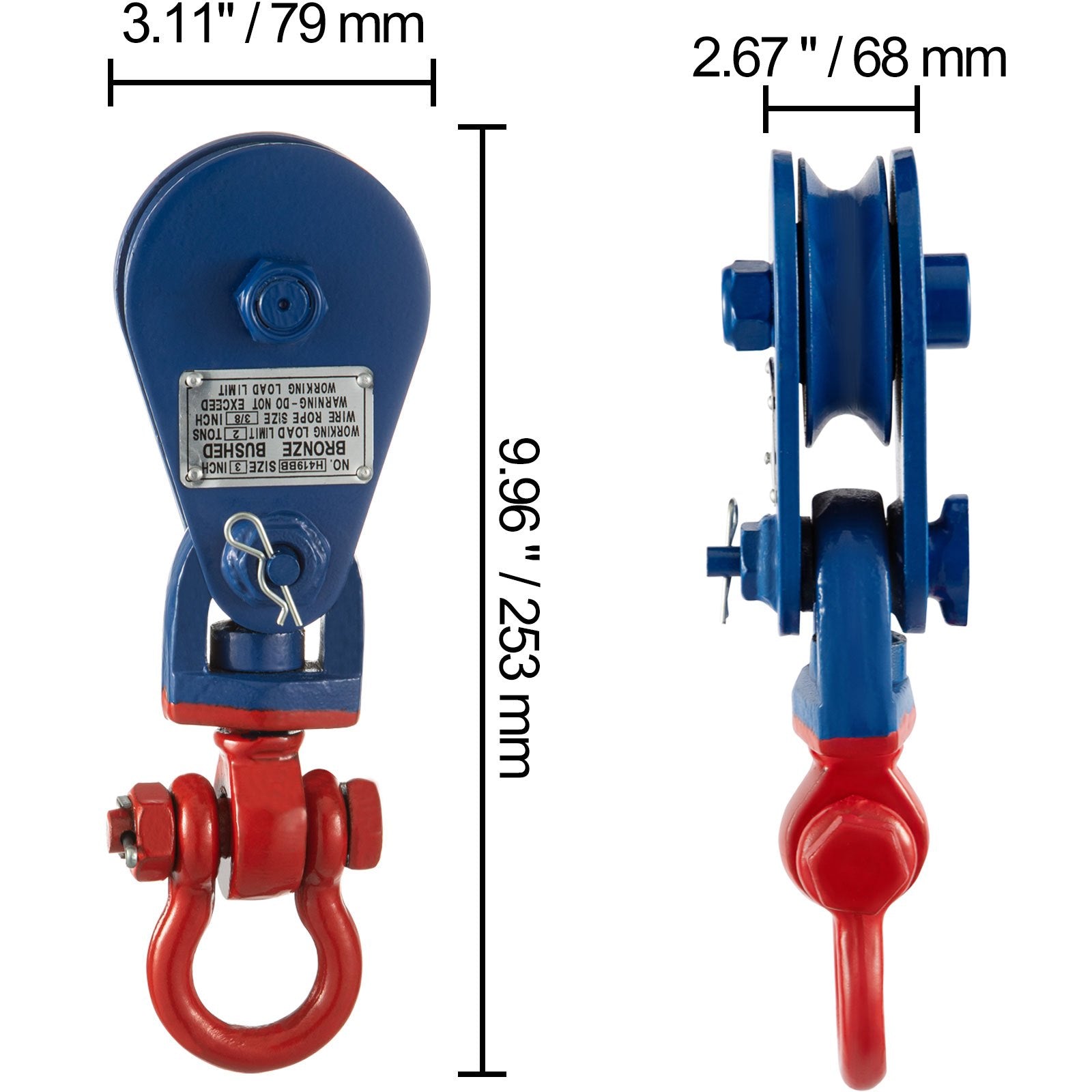 VEVOR 2ton Snatch Block with Chain, 4400 lbs Capacity Snatch Rigging Block, 3\'\' Single Sheave Block w/Swivel Hook, G70 Chain, Fit 3/8\'\' Wire Cable Heavy Duty for Pulling Wrecker Roll Back Recovery 