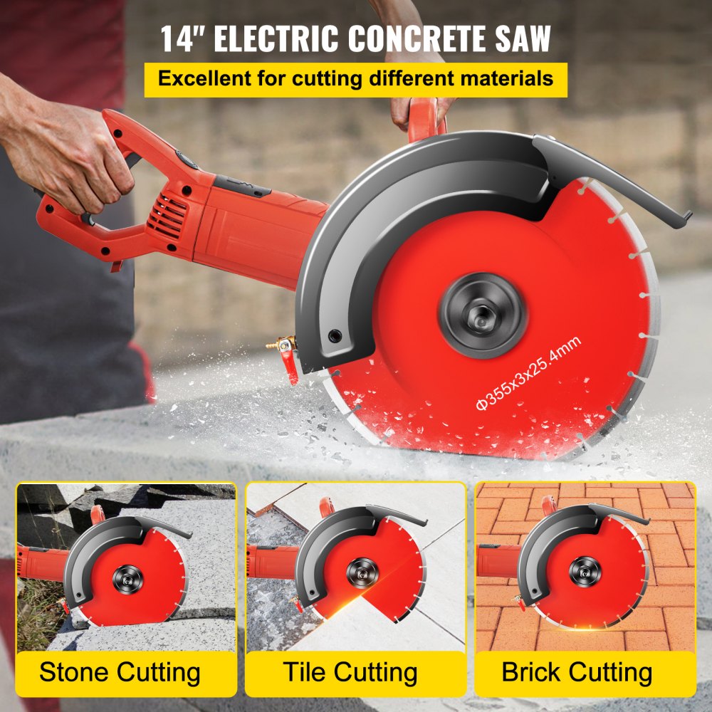VEVOR Electric Concrete Saw, 14" Concrete Cutter, 15-Amp Concrete Saw, Electric Circular Saw with 14" Blade and Tools, Masonry Saw for Granite, Brick, Porcelain, Reinforced Concrete and Other Material 