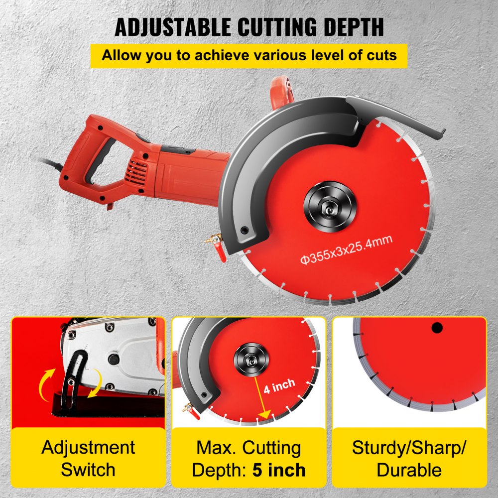 VEVOR Electric Concrete Saw, 14" Concrete Cutter, 15-Amp Concrete Saw, Electric Circular Saw with 14" Blade and Tools, Masonry Saw for Granite, Brick, Porcelain, Reinforced Concrete and Other Material 