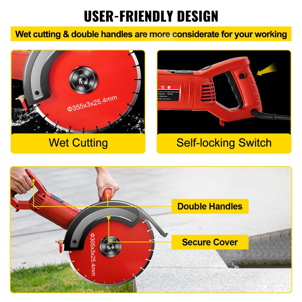 VEVOR Electric Concrete Saw, 14" Concrete Cutter, 15-Amp Concrete Saw, Electric Circular Saw with 14" Blade and Tools, Masonry Saw for Granite, Brick, Porcelain, Reinforced Concrete and Other Material 