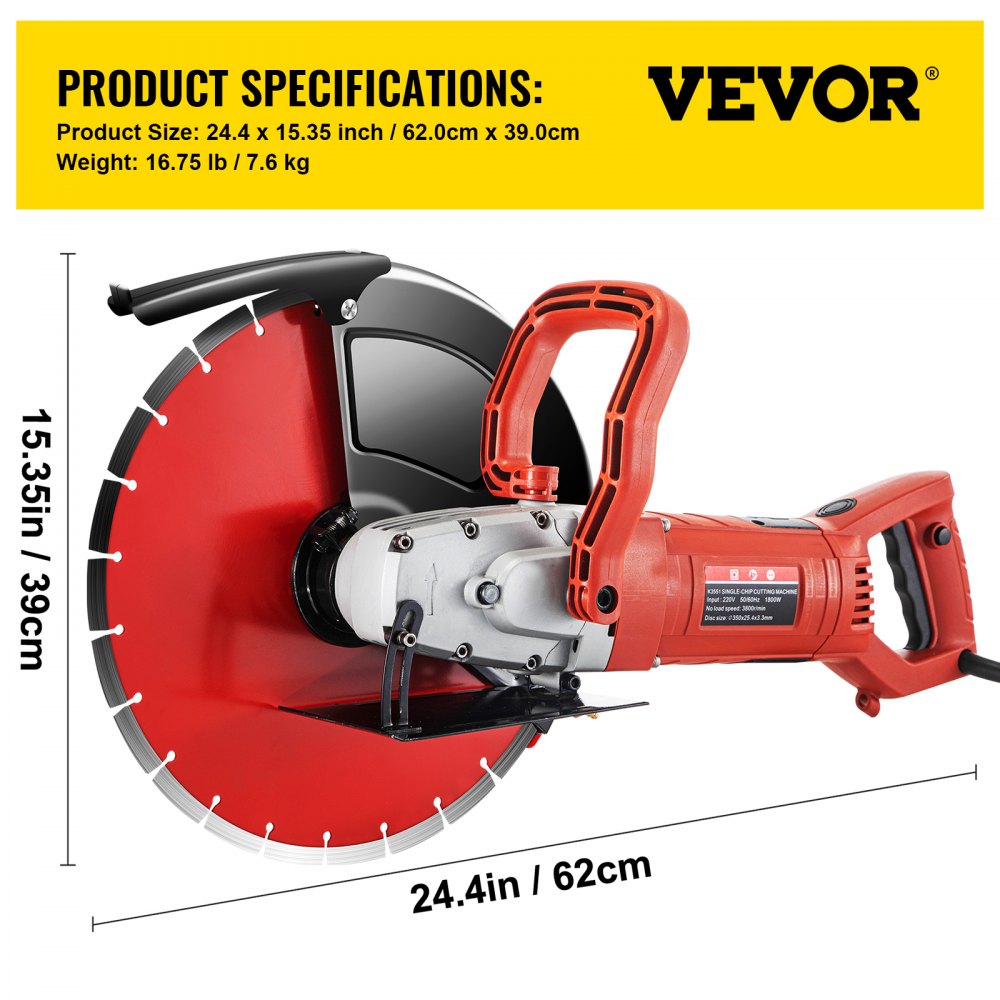 VEVOR Electric Concrete Saw, 14" Concrete Cutter, 15-Amp Concrete Saw, Electric Circular Saw with 14" Blade and Tools, Masonry Saw for Granite, Brick, Porcelain, Reinforced Concrete and Other Material 