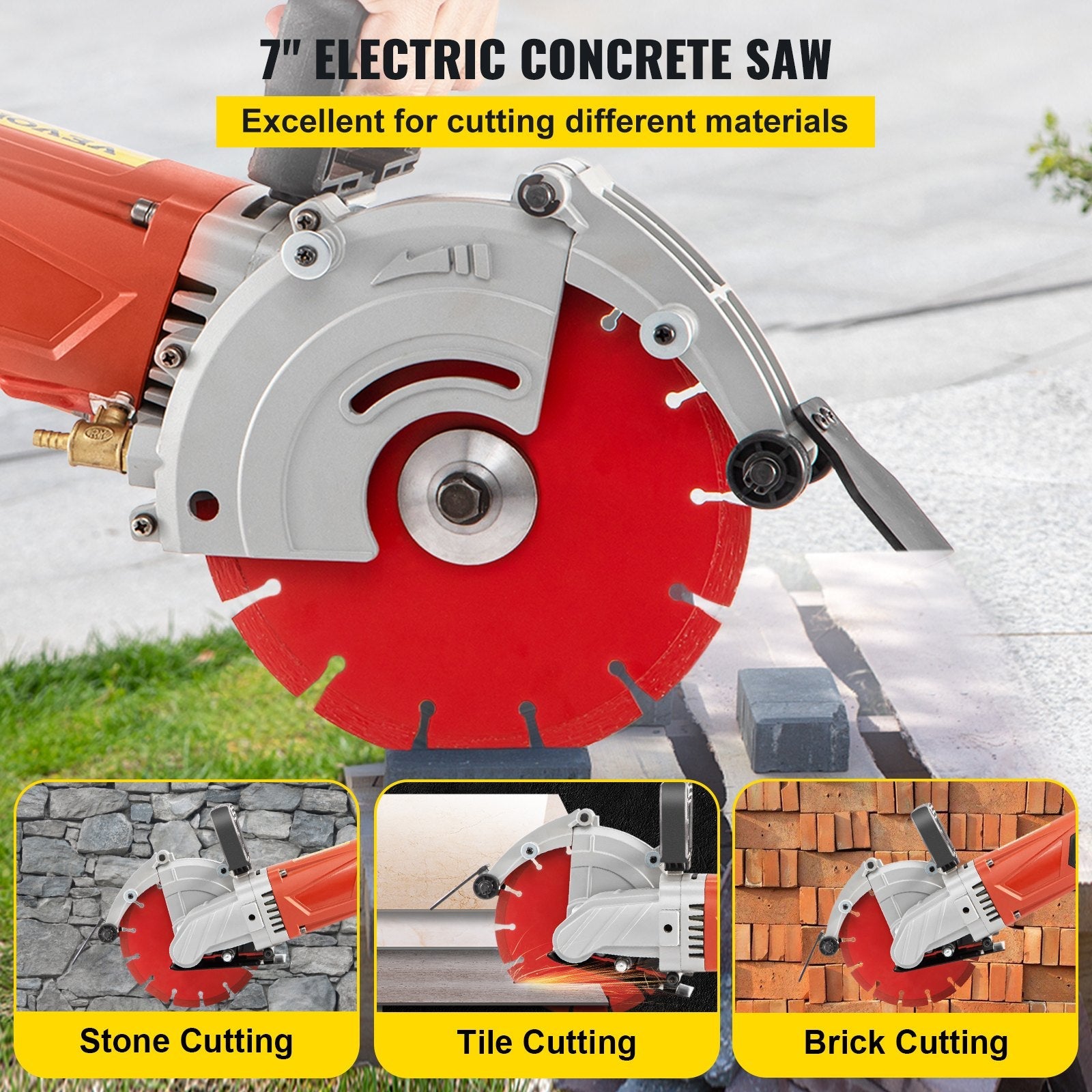 VEVOR Electric Concrete Saw, 7" Blade with 3 inch Max Cutting Depth, Wet/Dry Sawing with Blade and Tools for Granite, Brick, Porcelain, Reinforced Concrete 