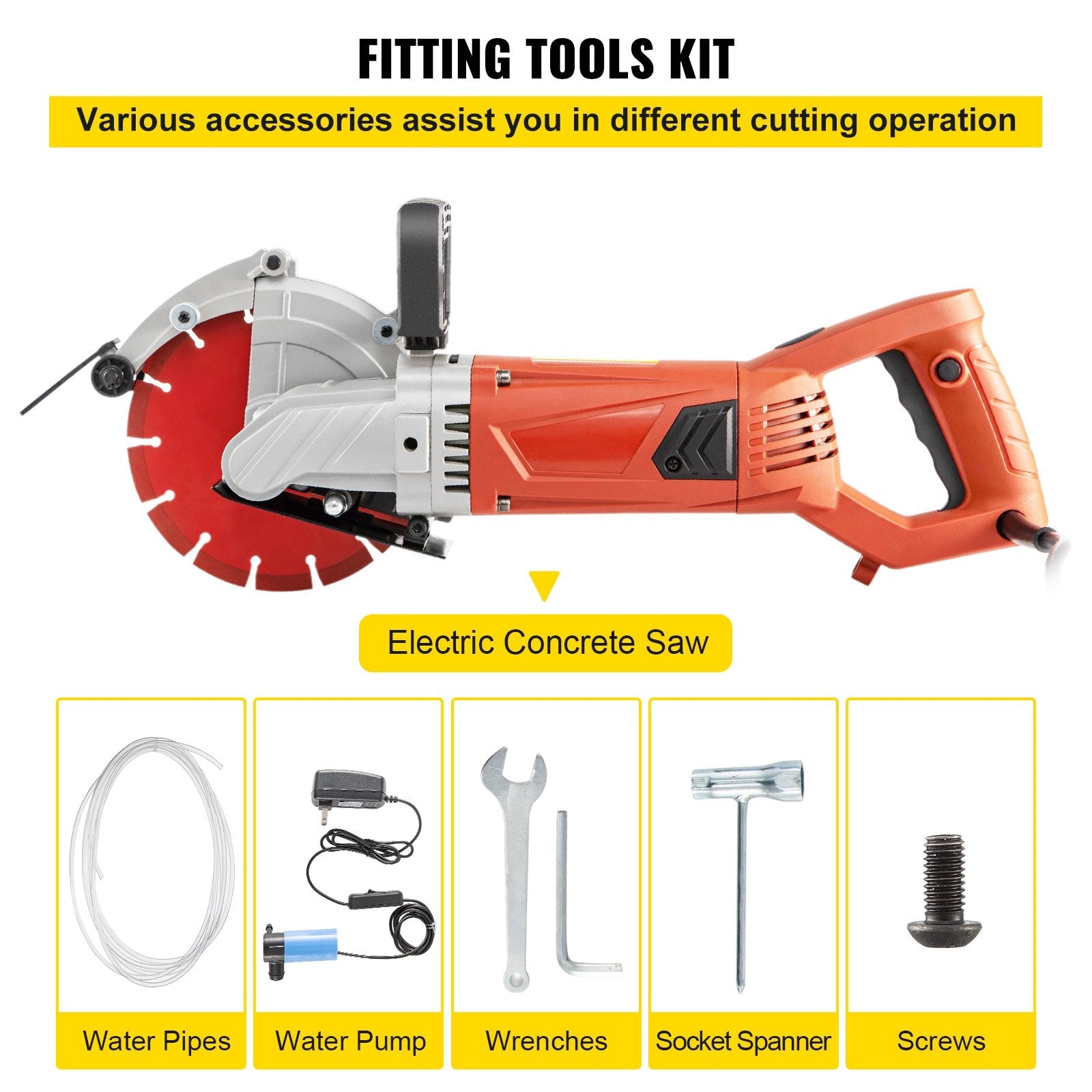 VEVOR Electric Concrete Saw, 7" Blade with 3 inch Max Cutting Depth, Wet/Dry Sawing with Blade and Tools for Granite, Brick, Porcelain, Reinforced Concrete 