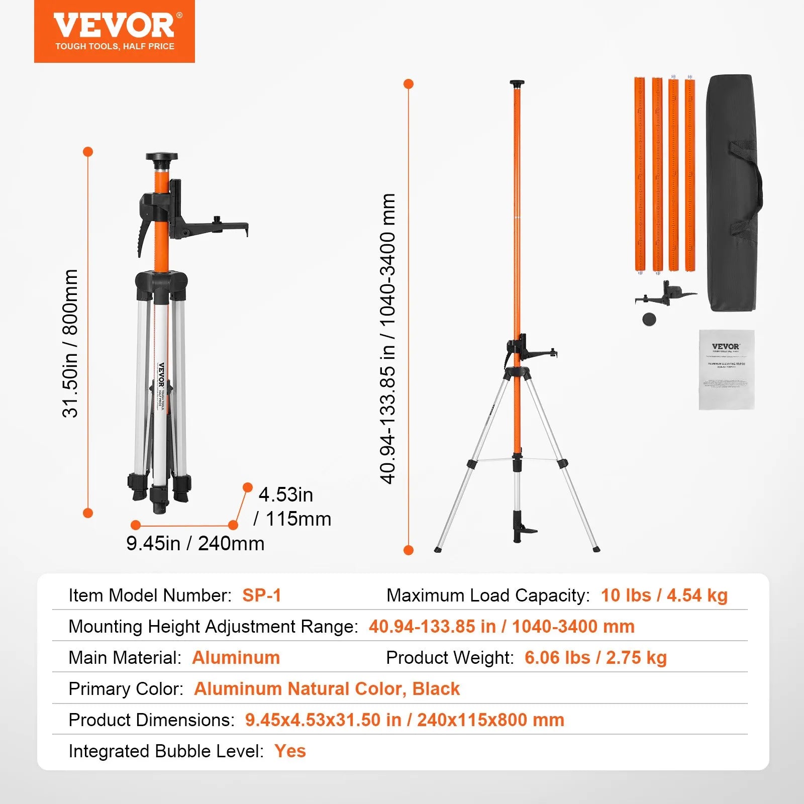 VEVOR Laser Level Tripod 1/4"-20 & 5/8"-11 Thread 40.94-133.85 in Height Adjust