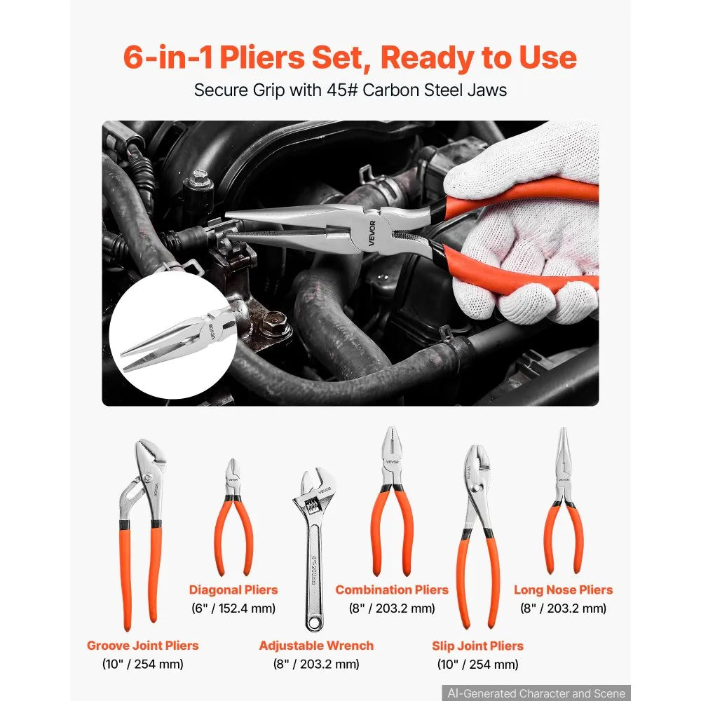 6-Piece Pliers & Wrench Set – Carbon Steel Hand Tools for DIY, Home & Automotive Use