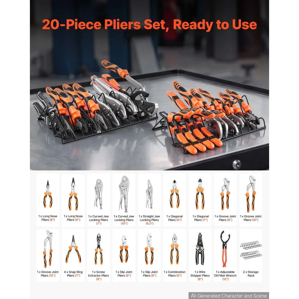 20-Piece Pliers Set – Multi-Function Carbon Steel Hand Tool Set with Organizer Racks