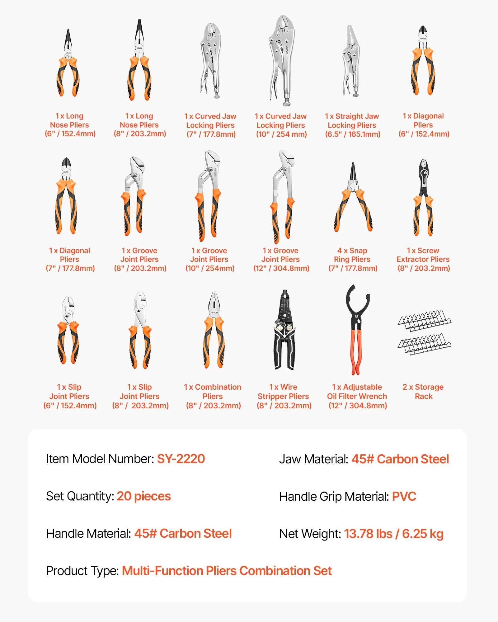 20-Piece Pliers Set – Multi-Function Carbon Steel Hand Tool Set with Organizer Racks