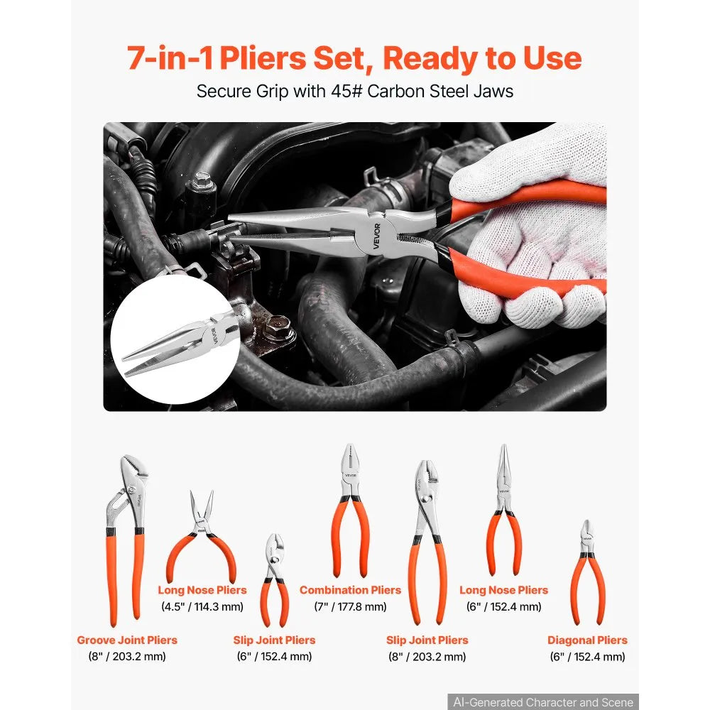 7-Piece Pliers Set, Utility Hand Tool Set with Groove Joint, Combination, Diagonal, Slip Joint & Long Nose Pliers