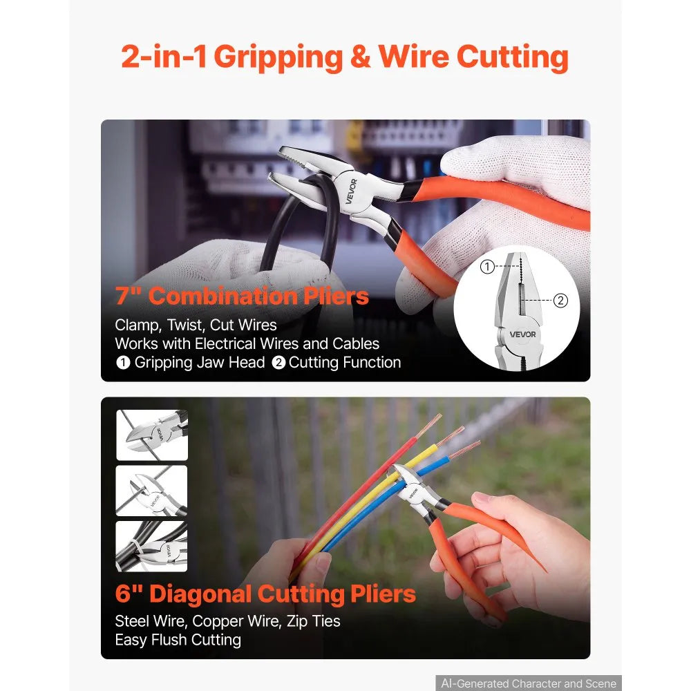 7-Piece Pliers Set, Utility Hand Tool Set with Groove Joint, Combination, Diagonal, Slip Joint & Long Nose Pliers