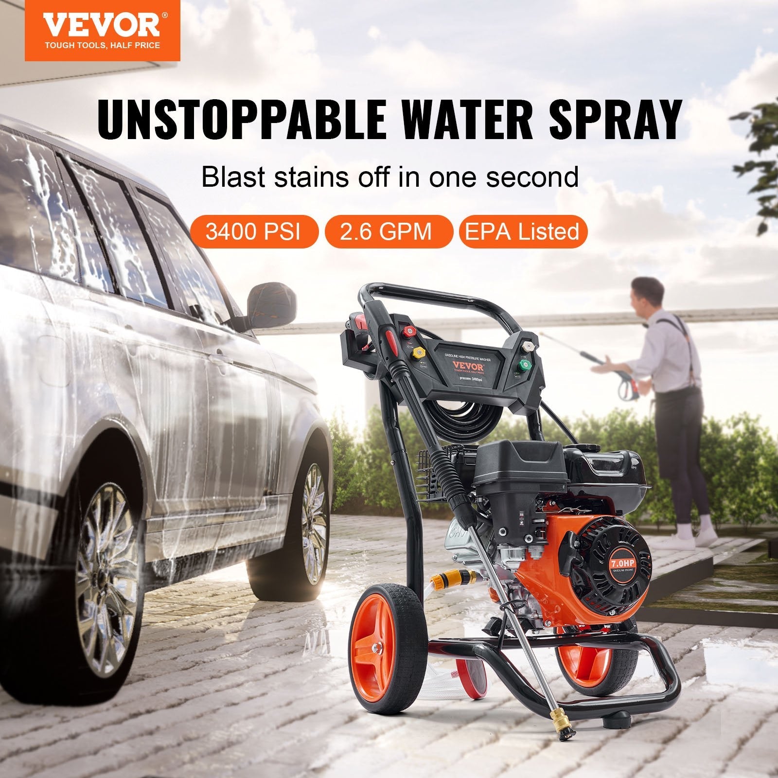 VEVOR Gas Pressure Washer, 3400 PSI 2.6 GPM, Gas Powered Pressure Washer with Aluminum Pump, Spray Gun and Extension Wand, 5 Quick Connect Nozzles, for Cleaning Cars, Homes, Driveways, Patios 
