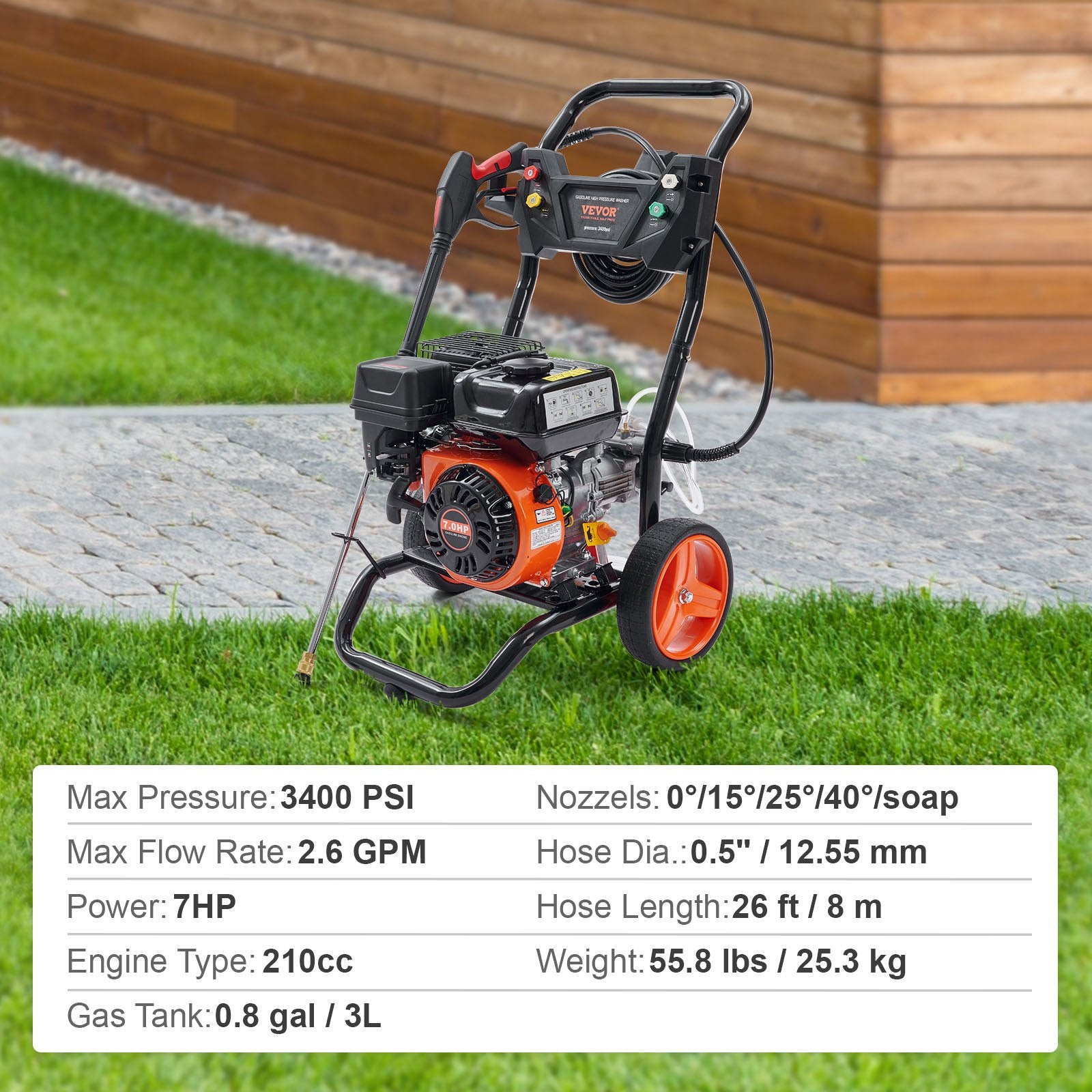 VEVOR Gas Pressure Washer, 3400 PSI 2.6 GPM, Gas Powered Pressure Washer with Aluminum Pump, Spray Gun and Extension Wand, 5 Quick Connect Nozzles, for Cleaning Cars, Homes, Driveways, Patios 