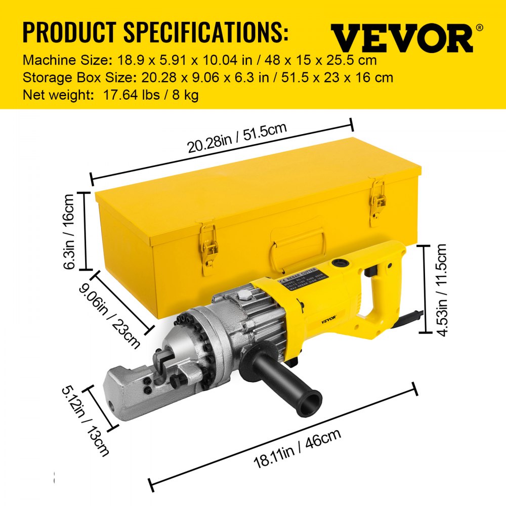 VEVOR 900W Electric Rebar Cutter 5/8" #5 Hydraulic Rebar Cutter 2.5-3.0 Seconds Cutting Speed Portable Rebar Cutter for Widely Application 